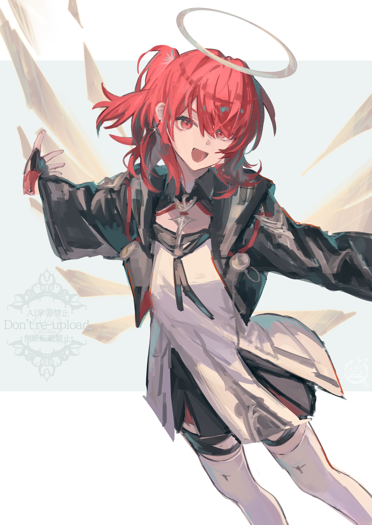 hemorina, exusiai (arknights), exusiai the new covenant (arknights), arknights, commentary request, highres, 1girl, :d, black gloves, black jacket, cowboy shot, fingerless gloves, gloves, hair between eyes, jacket, long sleeves, looking at viewer, medium hair, open clothes, open jacket, open mouth, outstretched arms, red eyes, red hair, smile, solo, spread arms, standing, thighhighs, watermark, white thighhighs