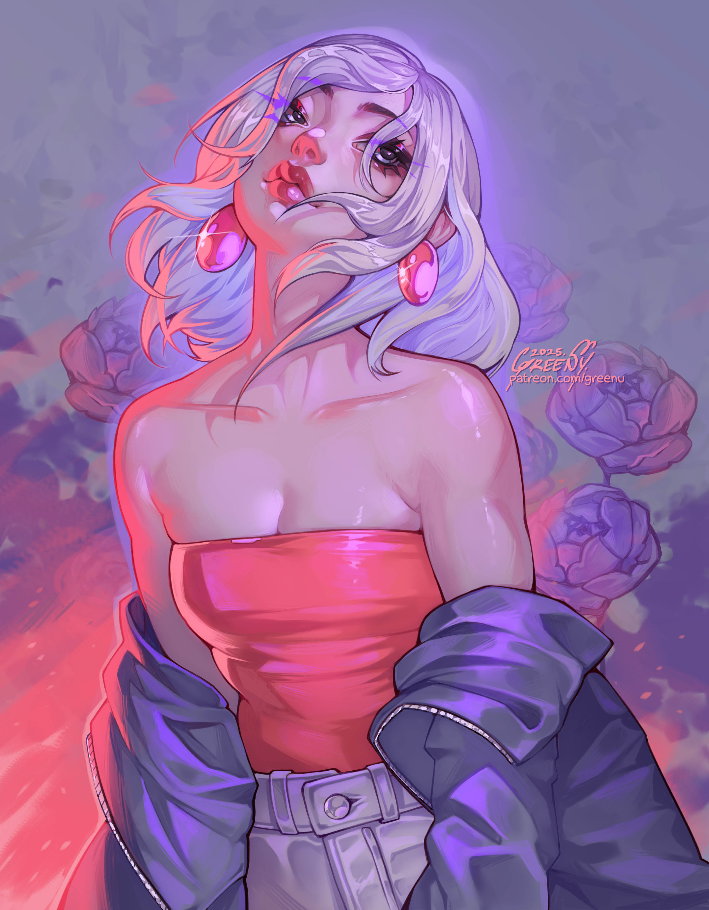 greenu, original, absurdres, character request, commentary, copyright request, english commentary, highres, 1girl, bare shoulders, breasts, cleavage, collarbone, earrings, flower, grey eyes, grey pants, jacket, jewelry, lips, looking up, makeup, medium breasts, medium hair, off shoulder, open clothes, open jacket, pants, parted lips, pink tube top, purple flower, purple jacket, purple rose, rose, shirt, solo, sparkle, strapless, strapless shirt, tube top, watermark, web address, white hair