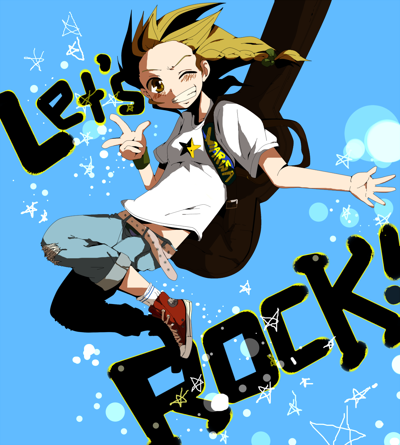 pun2, kirisame marisa, touhou, bad id, bad pixiv id, highres, 1girl, alternate costume, blonde hair, braid, contemporary, female focus, one eye closed, solo, wink, yellow eyes