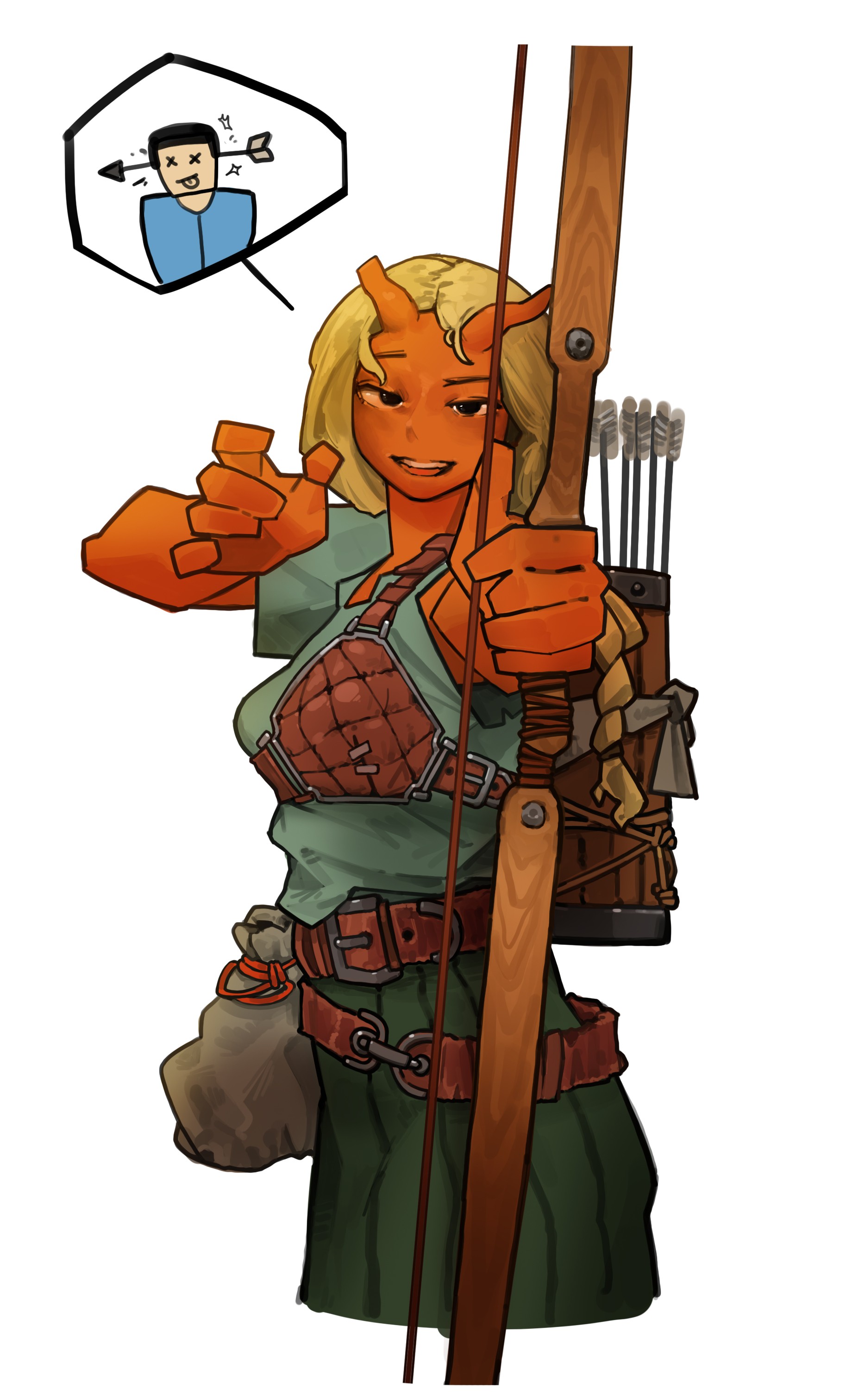 cmyk-kim, impid (rimworld), pawn (rimworld), rimworld, absurdres, commentary, english commentary, highres, korean commentary, mixed-language commentary, 1girl, arrow (projectile), belt, belt pouch, black hair, blonde hair, bow (weapon), braid, breasts, colored skin, holding, holding bow (weapon), holding weapon, horns, muneate, open mouth, orange skin, pouch, quiver, simple background, smile, speech bubble, tongue, tongue out, weapon, white background, x eye