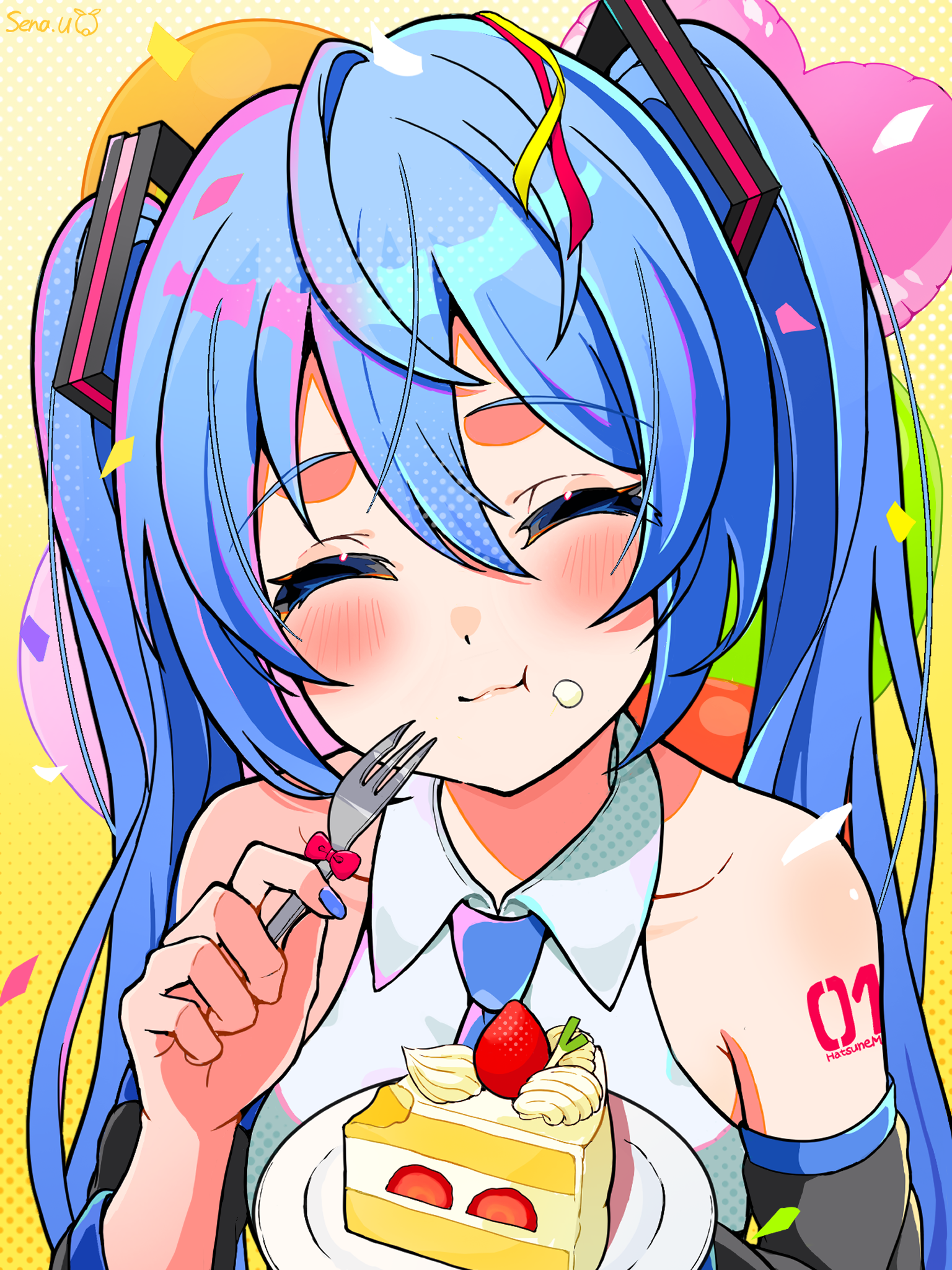 uzuki sena, hatsune miku, vocaloid, highres, 1girl, birthday, black sleeves, blue hair, cake, cake slice, collared shirt, detached sleeves, eating, food, food on face, hair ornament, happy birthday, long hair, necktie, number tattoo, shirt, smile, tattoo, twintails, very long hair, white shirt