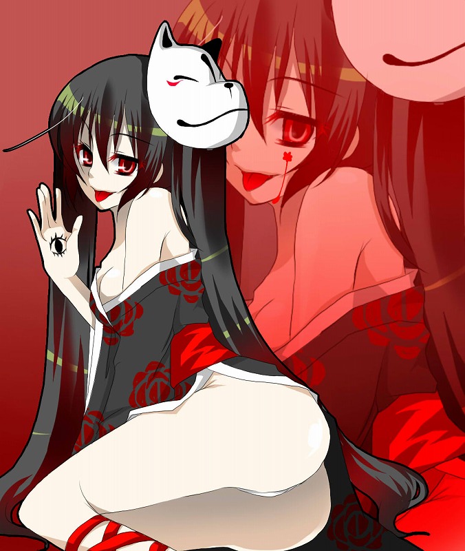 ageha (artist), ageha (pixiv1093412), agekichi (heart shape), hatsune miku, musunde hiraite rasetsu to mukuro (vocaloid), vocaloid, bad id, bad pixiv id, jpeg artifacts, 1girl, black hair, blood, breasts, cleavage, female focus, fox mask, japanese clothes, kimono, long hair, mask, panties, red eyes, sitting, smile, solo, tongue, twintails, underwear, white panties, yukata