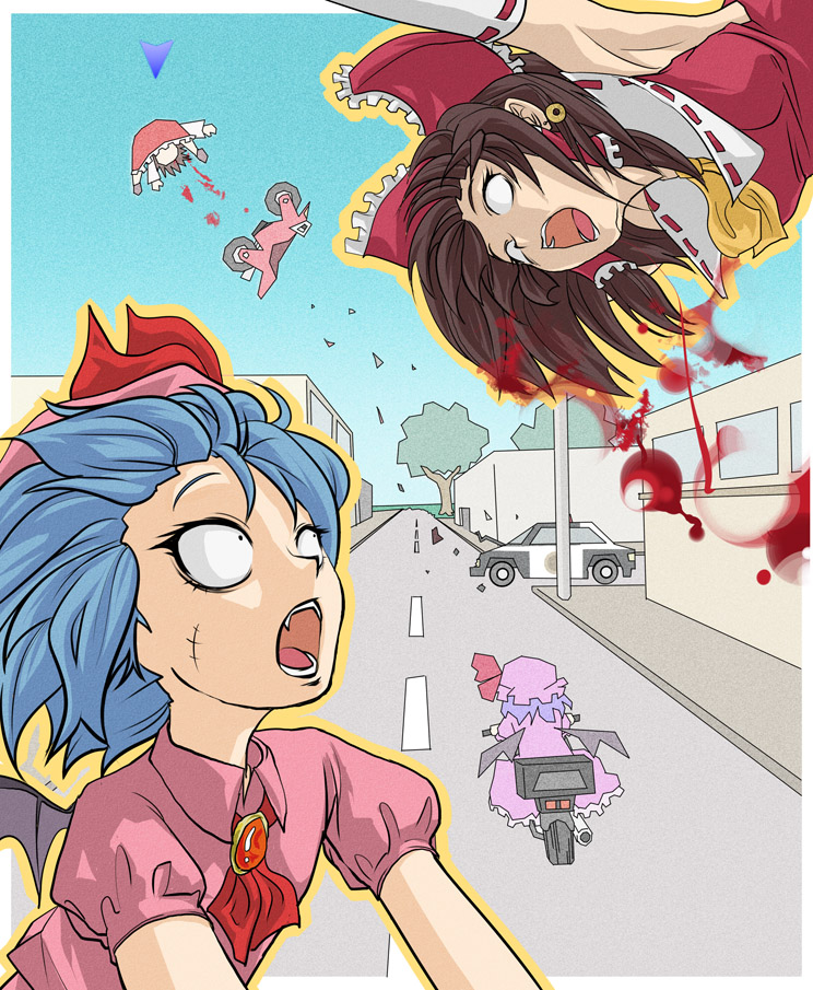aduman, ganmen2525, hakurei reimu, remilia scarlet, grand theft auto, rockstar, touhou, bad id, bad pixiv id, +++, 2girls, accident, armpits, bat wings, blood, blue hair, bow, car, fangs, female focus, flying, motor vehicle, motorcycle, multiple girls, open mouth, parody, police, police car, road, scar, short hair, street, tree, vanishing point, white eyes, wings