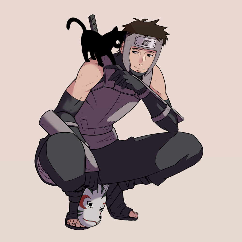 yamato (naruto), naruto (series), naruto shippuuden, 1boy, animal, animal on shoulder, arm guards, black cat, black eyes, brown hair, cat, cat on shoulder, closed mouth, forehead protector, full body, konohagakure anbu uniform, konohagakure symbol, looking at another, male focus, open-toe shoes, pants, sameccor, short hair, smile, squatting, white background