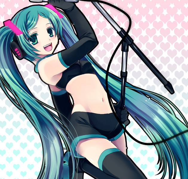 takashina asahi, hatsune miku, hatsune miku (space channel 39), project diva, project diva (series), vocaloid, platform footwear, bad id, bad pixiv id, 1girl, aqua eyes, aqua hair, boots, elbow gloves, female focus, gloves, headphones, high heel boots, high heels, long hair, microphone, microphone stand, midriff, navel, platform boots, short shorts, shorts, solo, thigh boots, thighhighs, twintails, very long hair
