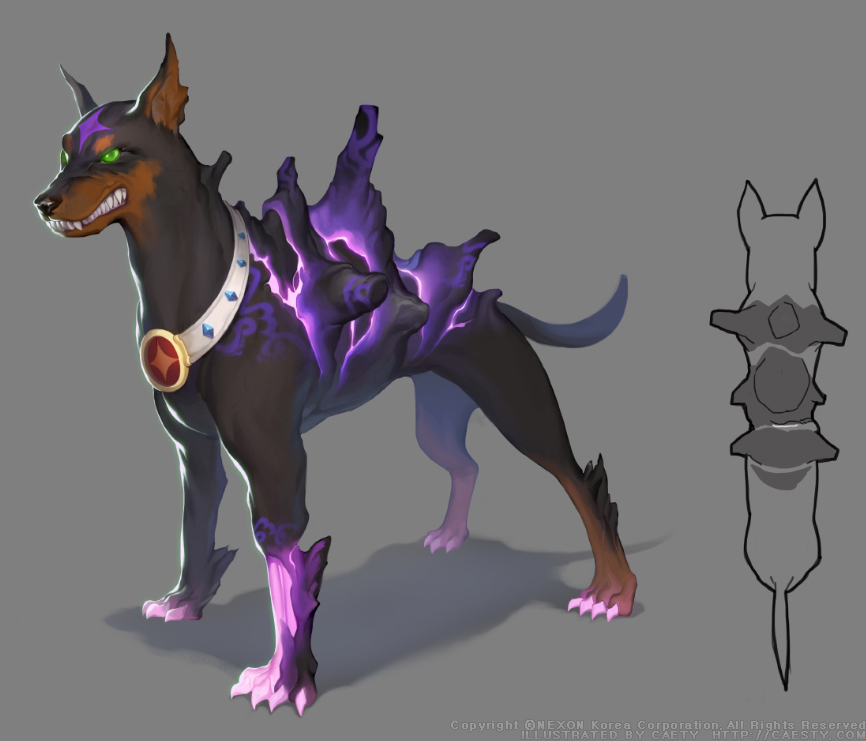 caesty, nexon, tales weaver, commentary request, korean commentary, official art, animal collar, animal focus, artist name, collar, company name, dated commentary, dobermann, dog, english text, facial mark, fangs, forehead mark, from above, full body, glowing, glowing claws, glowing eyes, green eyes, green pupils, grey background, growling, monster, monster focus, production art, purple claws, shadow, sharp teeth, sidelocks, silver collar, simple background, standing, tail, teeth, watermark, web address