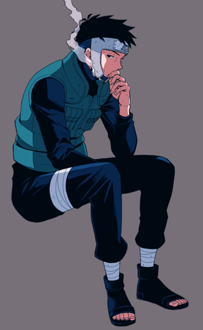 yamato (naruto), naruto (series), naruto shippuuden, 1boy, black eyes, black pants, black shirt, cigarette, flak jacket, forehead protector, full body, grey background, holding, holding cigarette, invisible chair, jacket, konohagakure symbol, looking at viewer, male focus, open-toe shoes, pants, sameccor, shirt, short hair, sitting, smoke, smoking, solo