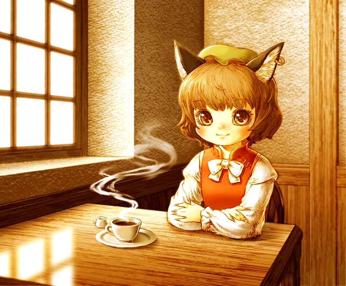 souri, chen, touhou, bad id, bad pixiv id, 1girl, animal ears, cat ears, cat girl, cup, earrings, female focus, hat, jewelry, looking at viewer, solo, tea, teacup
