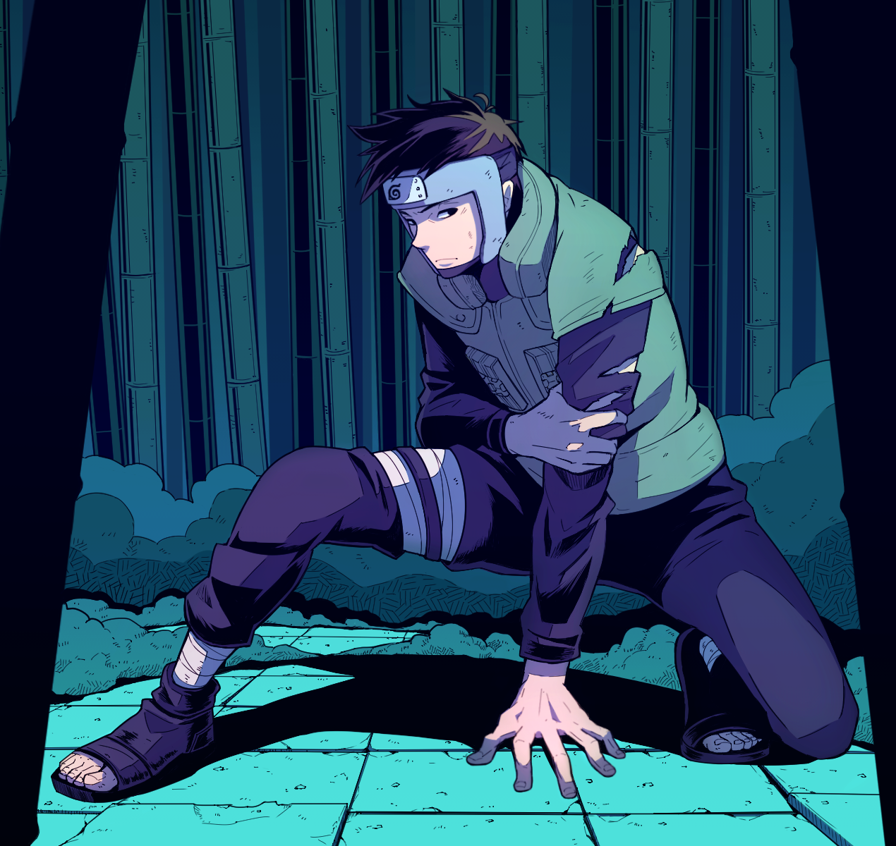 yamato (naruto), naruto (series), naruto shippuuden, highres, 1boy, bamboo, bamboo forest, black eyes, black pants, black shirt, boots, brown hair, closed mouth, flak jacket, forehead protector, forest, holding own arm, injury, jacket, konohagakure symbol, long sleeves, looking at viewer, male focus, nature, on one knee, open-toe boots, pants, sameccor, shirt, short hair, solo, torn clothes