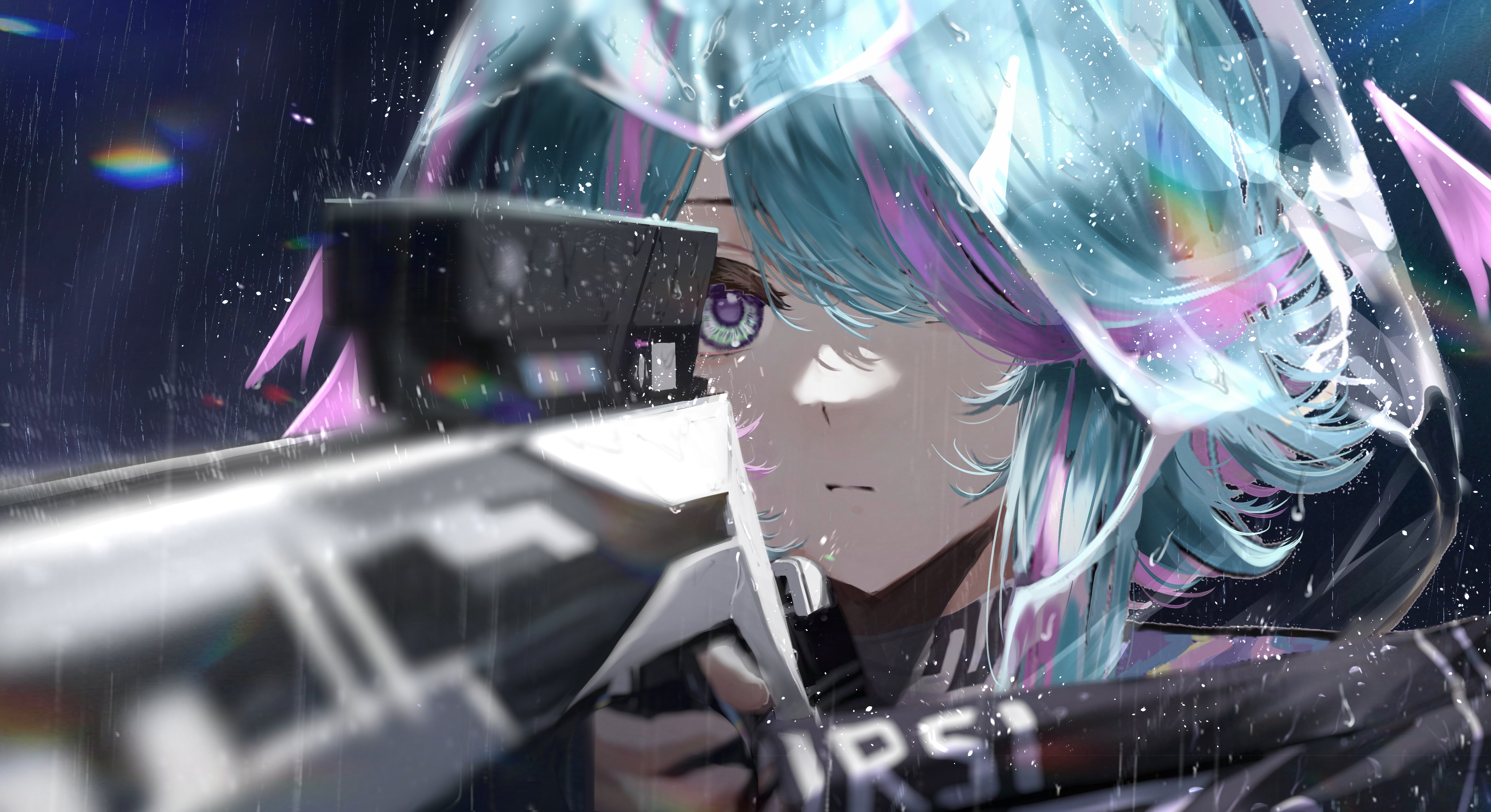 ressec, original, absurdres, chinese commentary, commentary request, highres, 1girl, aiming, aqua eyes, aqua hair, blue eyes, blue hair, blurry, closed mouth, depth of field, expressionless, gun, hair over one eye, holding, holding gun, holding weapon, multicolored eyes, multicolored hair, portrait, purple eyes, purple hair, rain, scope, solo, two-tone eyes, two-tone hair, weapon
