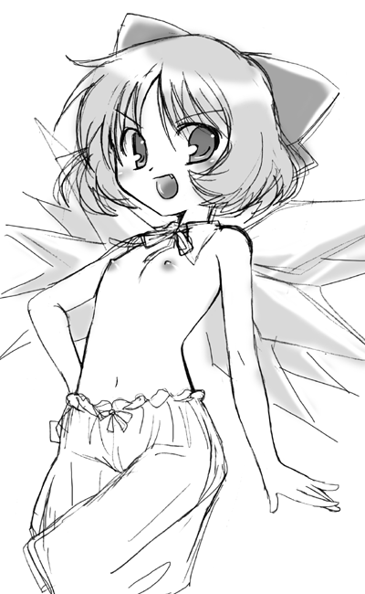 ikeda jun (aquaqua), jun (aquaqua), cirno, embodiment of scarlet devil, touhou, 1girl, bloomers, bow, fang, female focus, flat chest, greyscale, hair bow, loli, monochrome, navel, nipples, ribbon, short hair, solo, topless female, underwear, wings