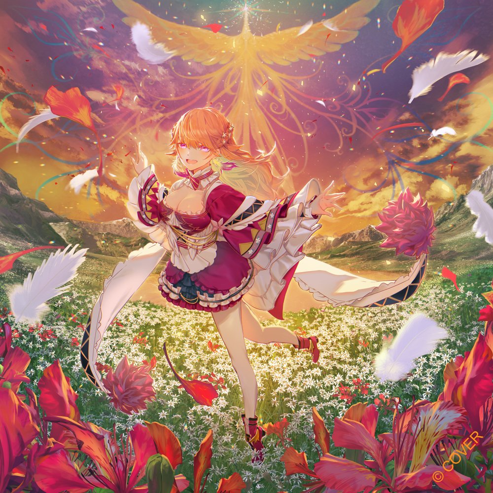 huke, takanashi kiara, hololive, hololive english, commentary request, official art, 1girl, ankle boots, apron, bird, boots, braid, breasts, cleavage, collar, company name, copyright logo, corset, dirndl, dress, earrings, falling feathers, falling petals, feather earrings, feathers, field, flower, flower field, framed breasts, frilled collar, frilled dress, frills, german clothes, half up braid, horizon, jewelry, large breasts, layered dress, light particles, logo, long hair, long sleeves, looking at viewer, outdoors, outstretched arms, pantyhose, petals, phoenix, pink eyes, red boots, red dress, smile, solo, standing, standing on one leg, swept bangs, tiptoes, virtual youtuber, waist apron, white apron, white corset, white pantyhose, wide sleeves