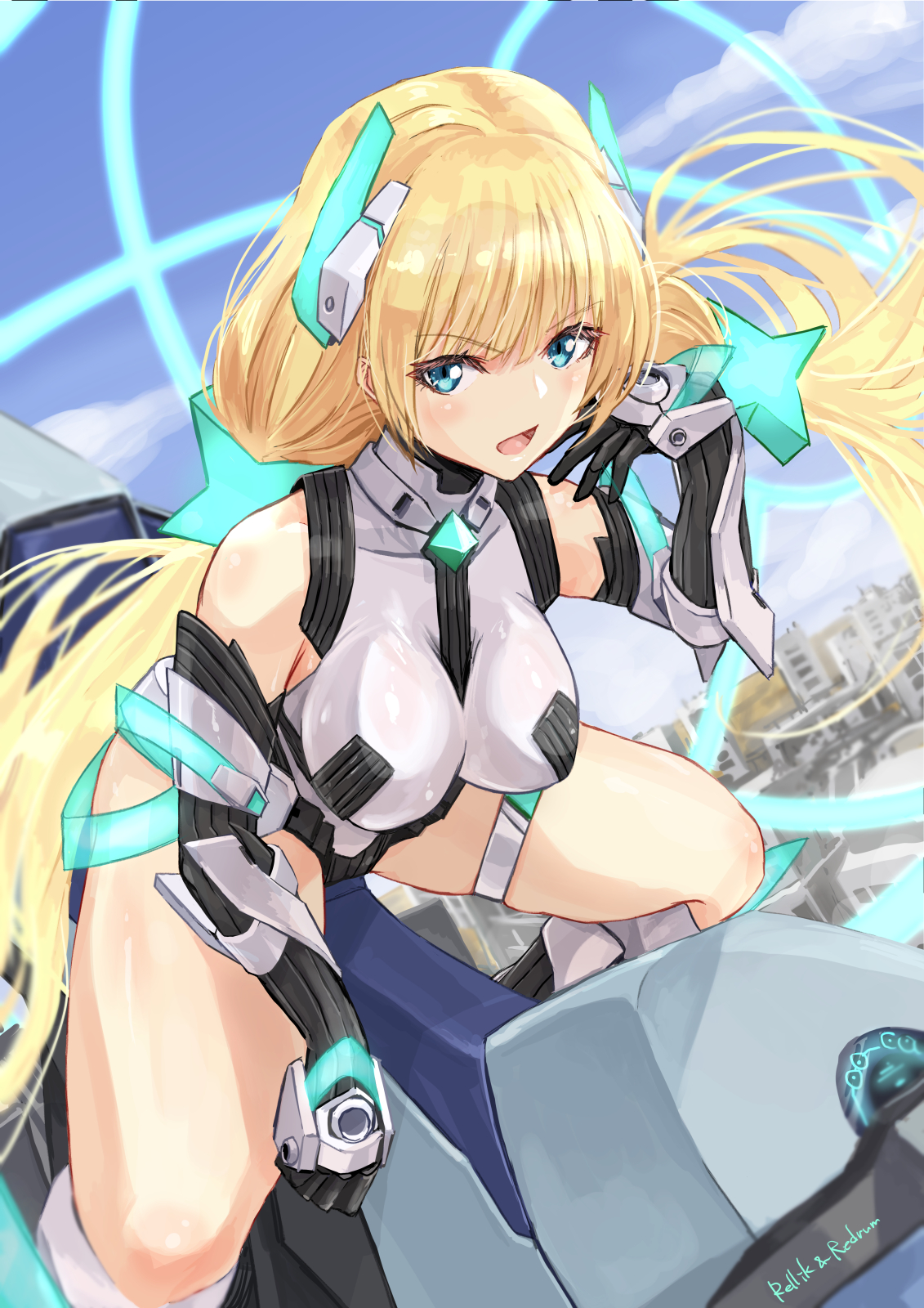 jun (rellik & redrum), angela balzac, rakuen tsuihou, commentary request, highres, 1girl, bare shoulders, blonde hair, blue eyes, blush, breasts, cockpit, covered navel, deva battle suit, elbow gloves, gloves, headgear, highleg, highleg leotard, large breasts, leotard, long hair, looking at viewer, low twintails, mecha pilot suit, open mouth, solo, thigh strap, twintails, very long hair