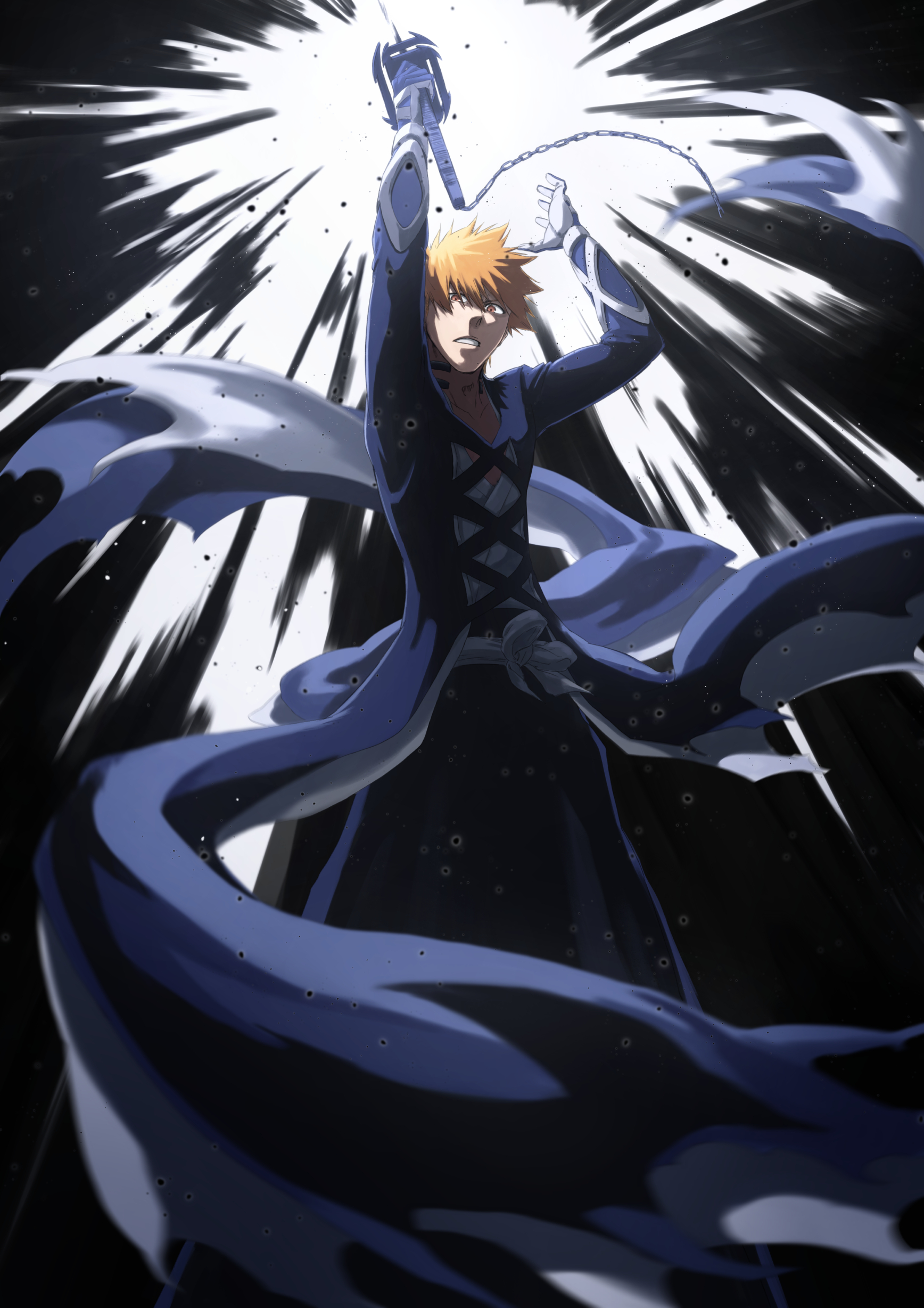 mitarashi (5333069), kurosaki ichigo, bleach, bleach: sennen kessen-hen, absurdres, commentary request, highres, 1boy, black coat, coat, hair between eyes, holding, holding sword, holding weapon, long sleeves, looking at viewer, male focus, open mouth, orange eyes, orange hair, shihakusho, short hair, simple background, solo, spiked hair, sword, tensa zangetsu (bankai), weapon