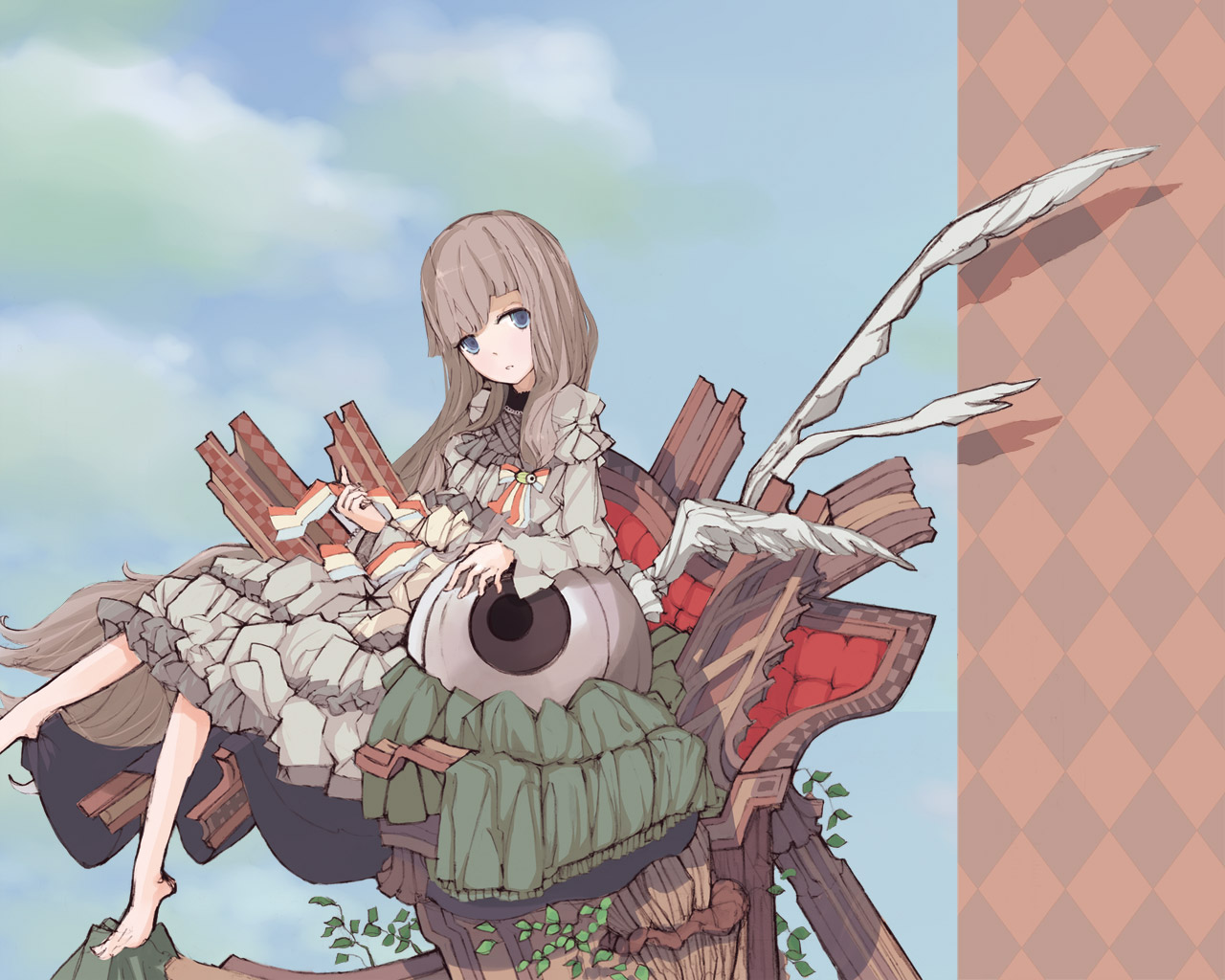 fumiyomogi, bad id, bad pixiv id, barefoot, blue eyes, day, dress, eyeball, grey hair, long hair, ribbon, sky, solo