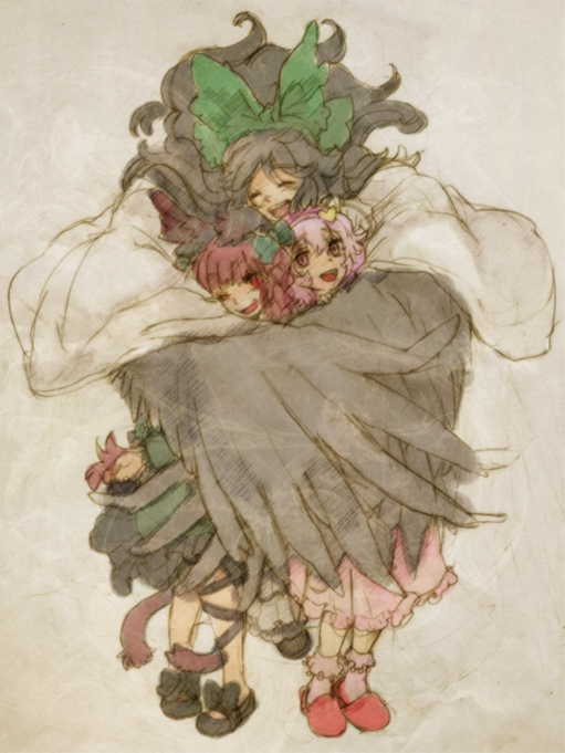 ruto (petatann), kaenbyou rin, komeiji satori, reiuji utsuho, touhou, 3girls, female focus, group hug, happy, hug, multiple girls, ribbon, socks, wing hug, wings