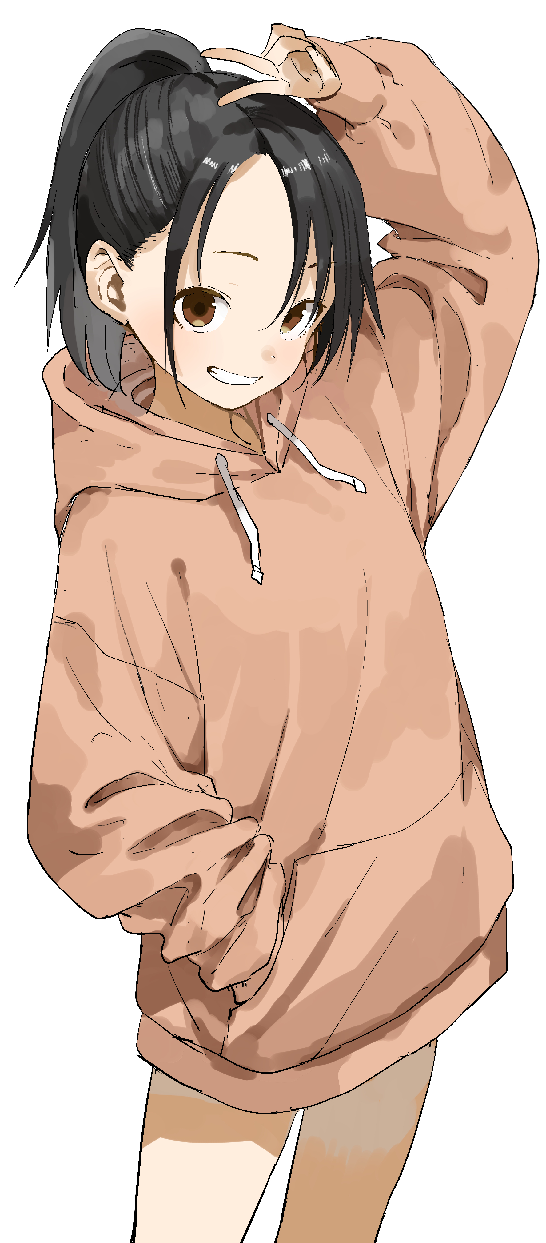 yamamoto souichirou, manemane nichinichi, absurdres, highres, 1girl, black hair, brown eyes, cowboy shot, grin, hand in pocket, hood, hoodie, long hoodie, long sleeves, looking at viewer, nagisa akane, orange hoodie, ponytail, simple background, smile, solo, v, v over head, white background
