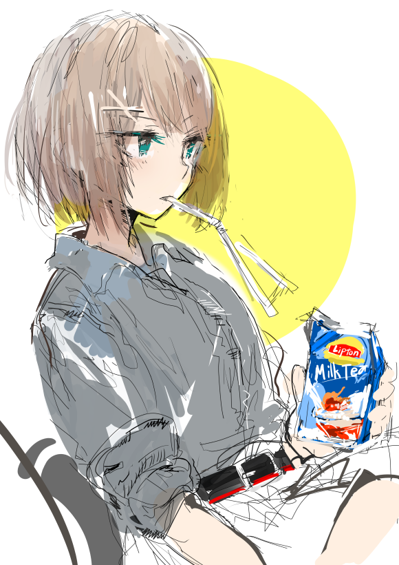 custom (cus-tom), maya (kancolle), kantai collection, 1girl, belt, black belt, blue eyes, brown hair, carton, collared shirt, drinking straw, drinking straw in mouth, grey shirt, hair ornament, holding, holding carton, lipton, milk tea, shirt, short hair, simple background, sketch, skirt, sleeves rolled up, solo, two-tone background, white skirt, x hair ornament