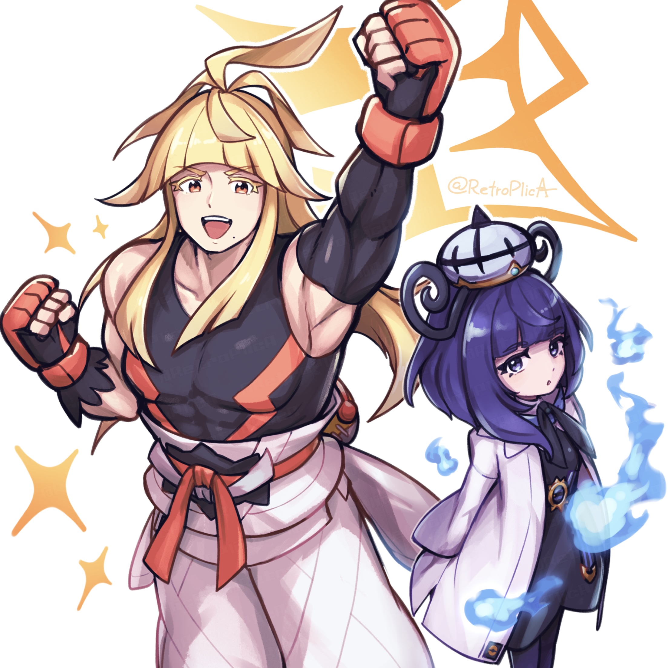 nana (retroplica), gwynn (pokemon), ivor (pokemon), nintendo, pokemon, pokemon legends: z-a, commentary request, highres, 1boy, 1girl, :d, armpits, arms behind back, belt, belt buckle, black dress, black gloves, black shirt, blonde hair, blunt bangs, bob cut, brother and sister, buckle, clenched hands, coat, dress, elbow gloves, fingerless gloves, fire, gloves, hat, long hair, long sleeves, looking at viewer, mole, mole under mouth, muscular, muscular male, o-ring, o-ring belt, open clothes, open coat, open mouth, pants, parted lips, purple eyes, purple fire, purple hair, red eyes, shirt, short hair, siblings, single elbow glove, sleeveless, sleeveless shirt, smile, teeth, twitter username, upper teeth only, white coat, white pants
