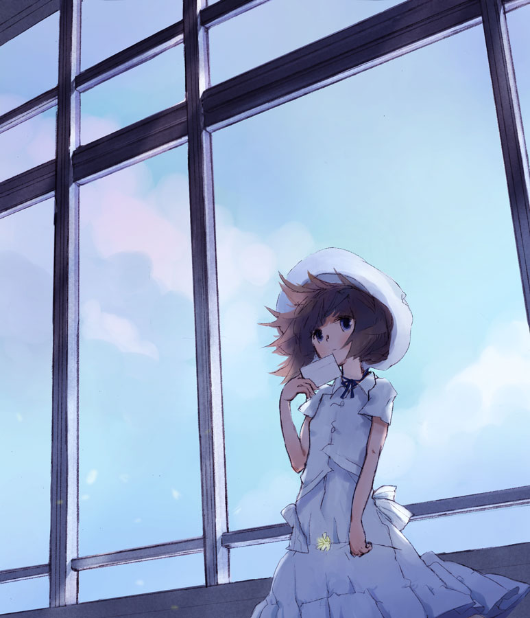 fumiyomogi, bad id, bad pixiv id, blue eyes, brown hair, day, dress, flower, hat, letter, ribbon, short hair, sky, solo, window