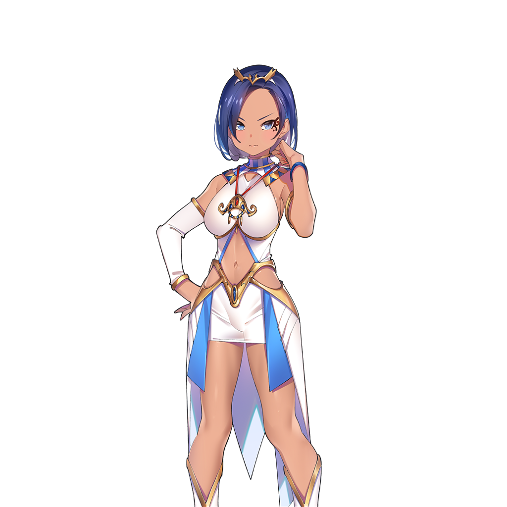 popqn, uchi no hime-sama ga ichiban kawaii, commentary request, 1girl, ancient egyptian clothes, blue eyes, blue hair, breasts, dark-skinned female, dark skin, hand in own hair, hand on own hip, horus (uchihime), medium breasts, midriff, short hair