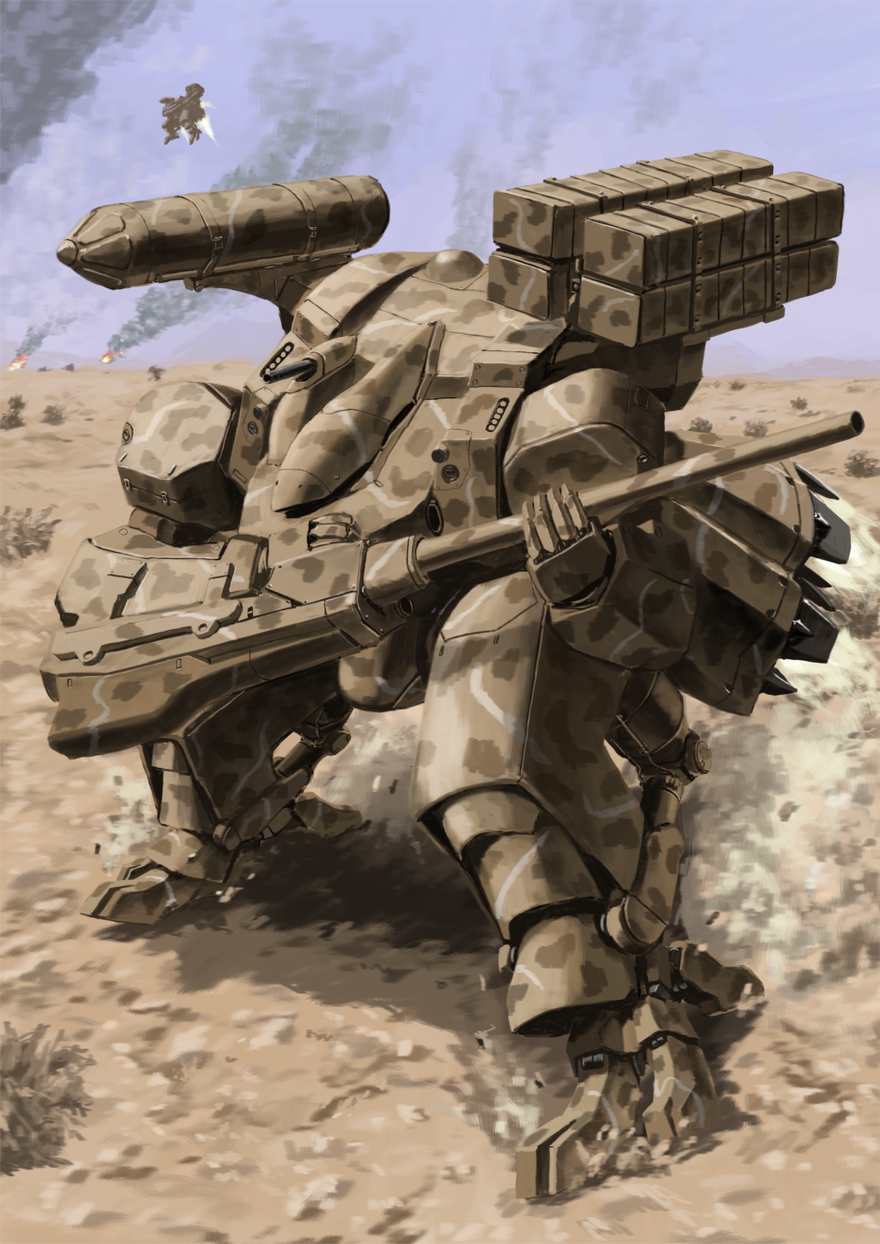 tyokugekidato, original, commentary request, highres, arm cannon, black smoke, blue sky, camouflage, desert, desert camouflage, mecha, missile pod, no humans, outdoors, robot, science fiction, sky, weapon