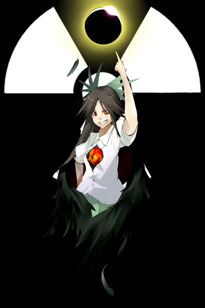 ichijou tatami, reiuji utsuho, touhou, 1girl, black hair, bow, feathers, female focus, grin, long hair, red eyes, ribbon, smile, solo, wings