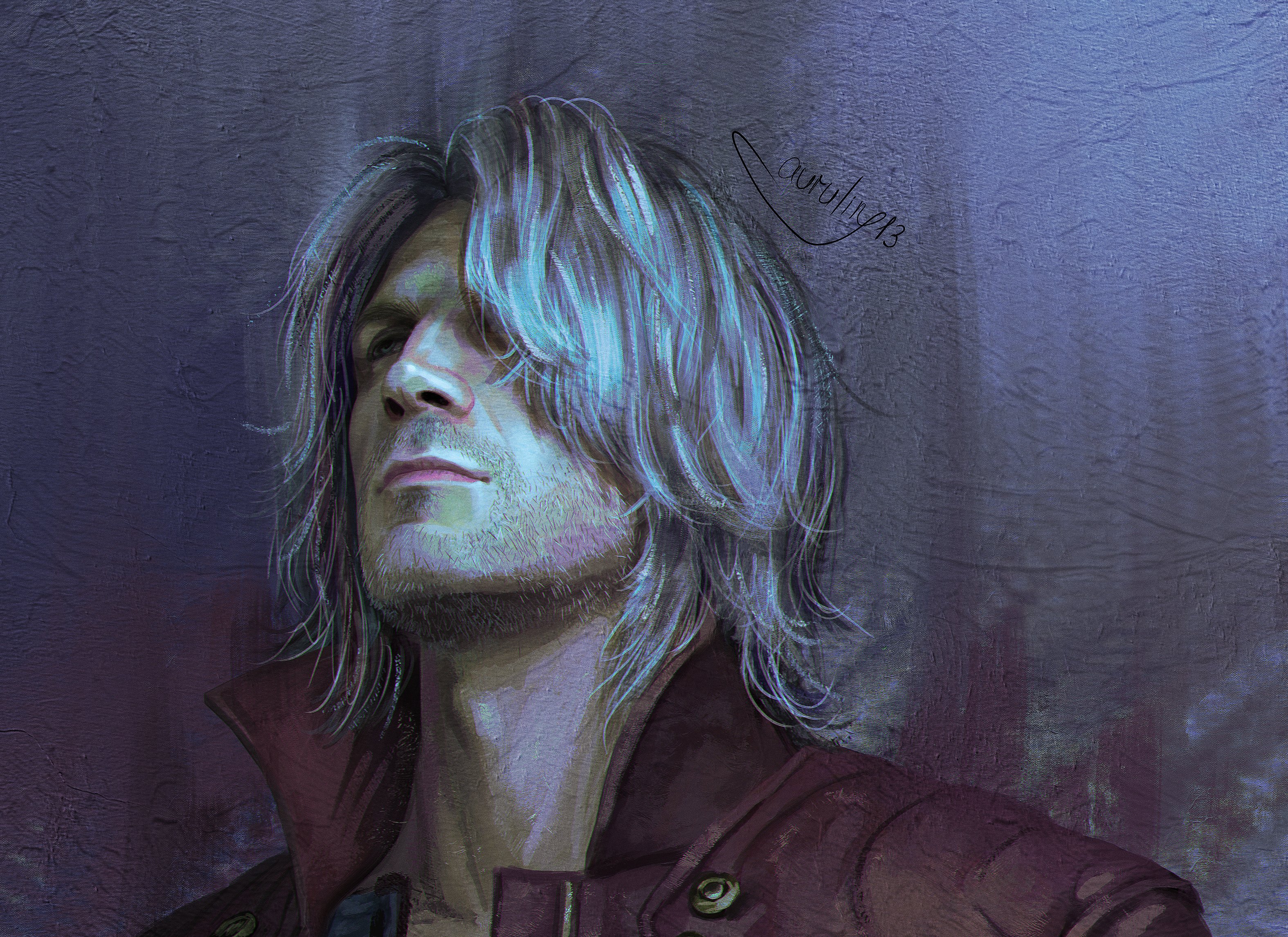 dante (devil may cry), devil may cry (series), devil may cry 5, commentary, english commentary, highres, 1boy, aurulin13, beard stubble, blue eyes, coat, cropped shoulders, facial hair, head back, jacket, looking up, male focus, medium hair, meme, parted bangs, red coat, shirt, simple background, solo, stubble, upward angle frieren drawing (meme), white hair