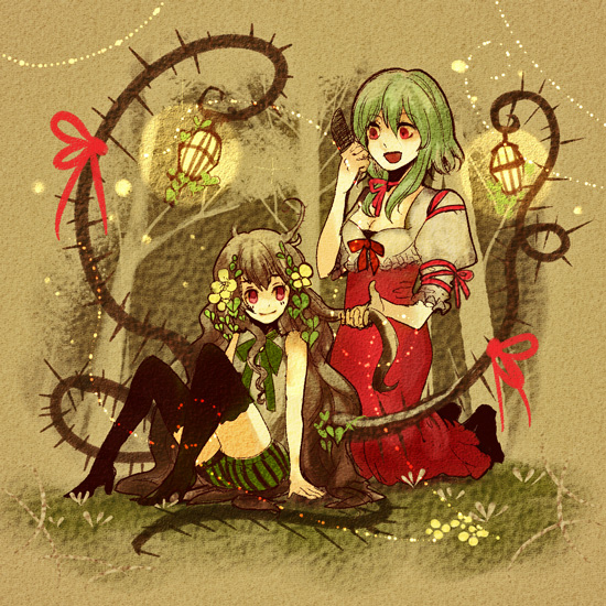 chibi (artist), chibi (shimon), bad id, bad pixiv id, 2girls, brown hair, brushing hair, comb, flower, green hair, hair flower, hair ornament, happy, lantern, long hair, multiple girls, red eyes, ribbon, thighhighs