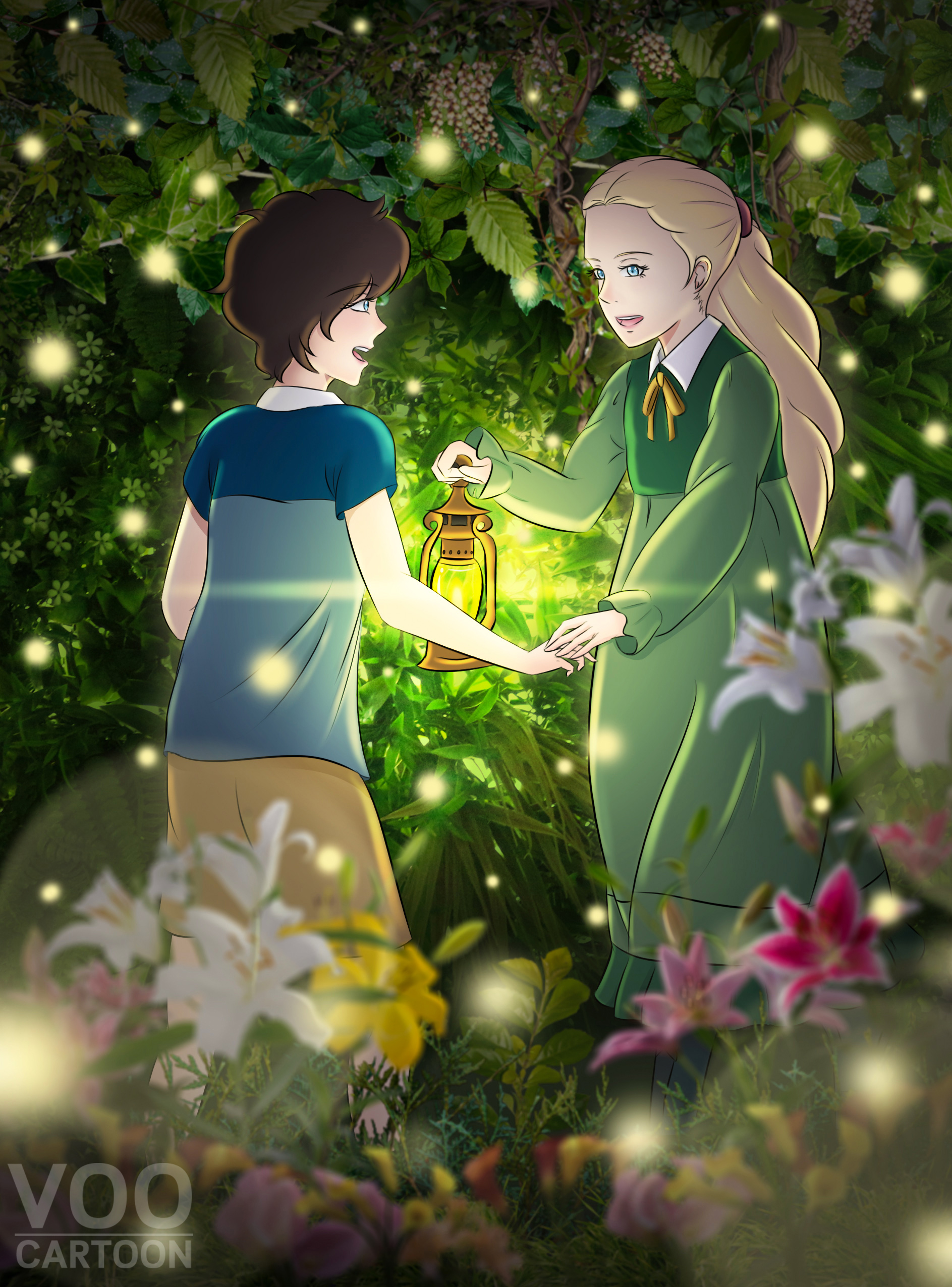 anna (omoide no marnie), marnie (omoide no marnie), omoide no marnie, studio ghibli, white lily, absurdres, commentary, english commentary, flower request, highres, 2girls, :d, blonde hair, blue eyes, blurry, bokeh, brown hair, calla lily, collar, depth of field, dress, flower, foliage, green dress, green flower, hand grab, holding, kerosene lamp, lantern, leaf, lily (flower), long dress, long hair, long sleeves, looking at another, multiple girls, open mouth, orange flower, pieris japonica, pink flower, shirt, short hair, short sleeves, shorts, smile, voocartoon, white collar, white flower, yuri