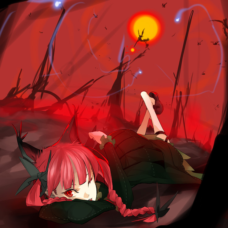 ichijou tatami, kaenbyou rin, reiuji utsuho, touhou, 2girls, animal ears, barefoot, bow, braid, cat ears, cat girl, female focus, long hair, multiple girls, outdoors, pleated skirt, red eyes, red hair, ribbon, shoe dangle, skirt, sky, twin braids, wink