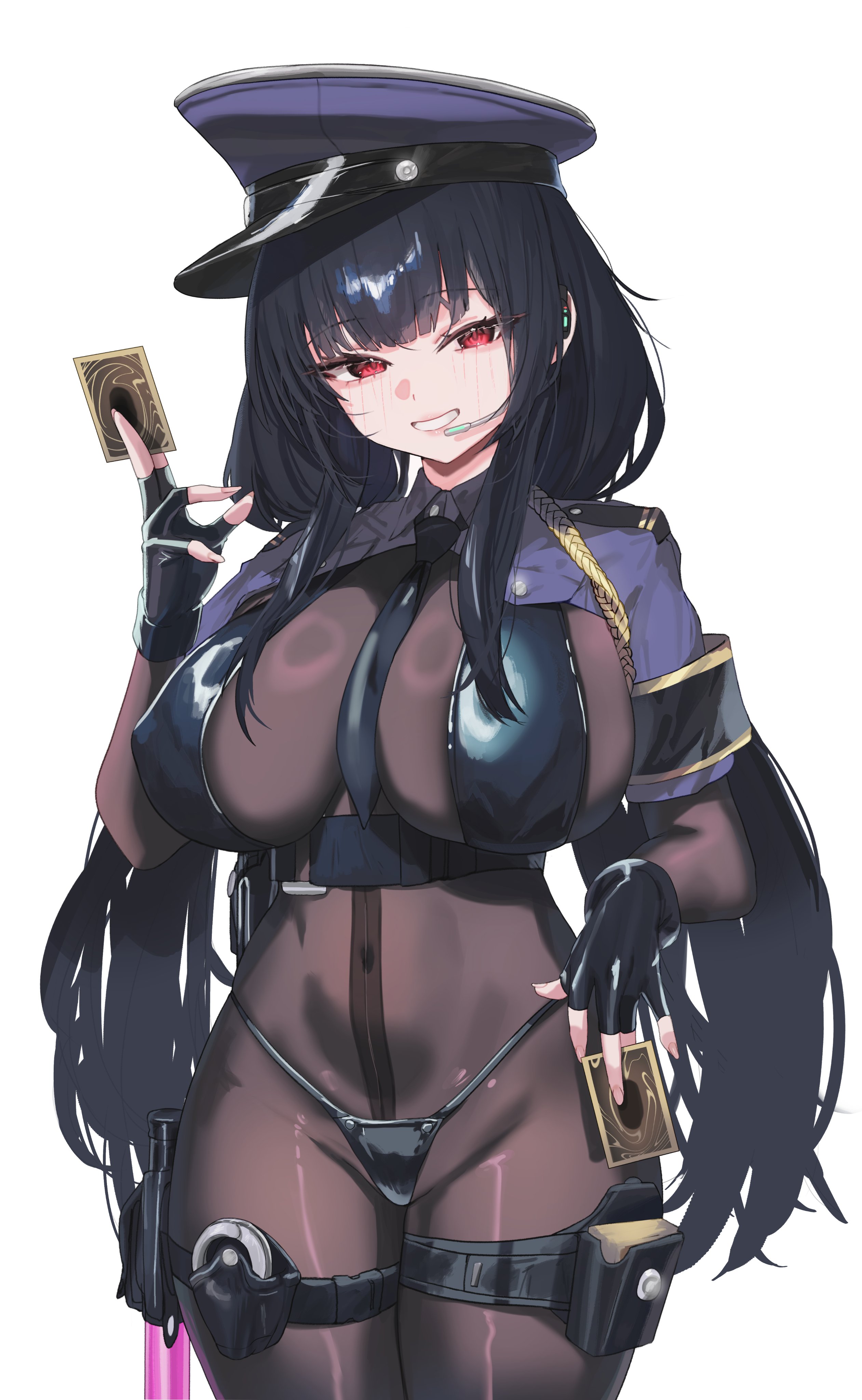 krabking, original, absurdres, commentary request, highres, korean commentary, belt, between breasts, bikini, black belt, black bikini, black hair, black necktie, blue hat, bodystocking, breasts, brown bodystocking, card, collared shrug, covered navel, cowboy shot, fingerless gloves, fingernails, gloves, hand up, hat, highleg, highleg bikini, holding, holding card, huge breasts, light blush, long fingernails, long hair, looking at viewer, necktie, necktie between breasts, police, police hat, police uniform, policewoman, red eyes, short sleeves, shrug (clothing), simple background, smile, swimsuit, white background