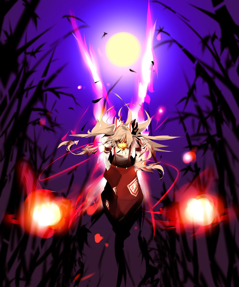 ichijou tatami, fujiwara no mokou, touhou, highres, 1girl, cloud, female focus, fire, moon, plant, ribbon, sky, solo, tree