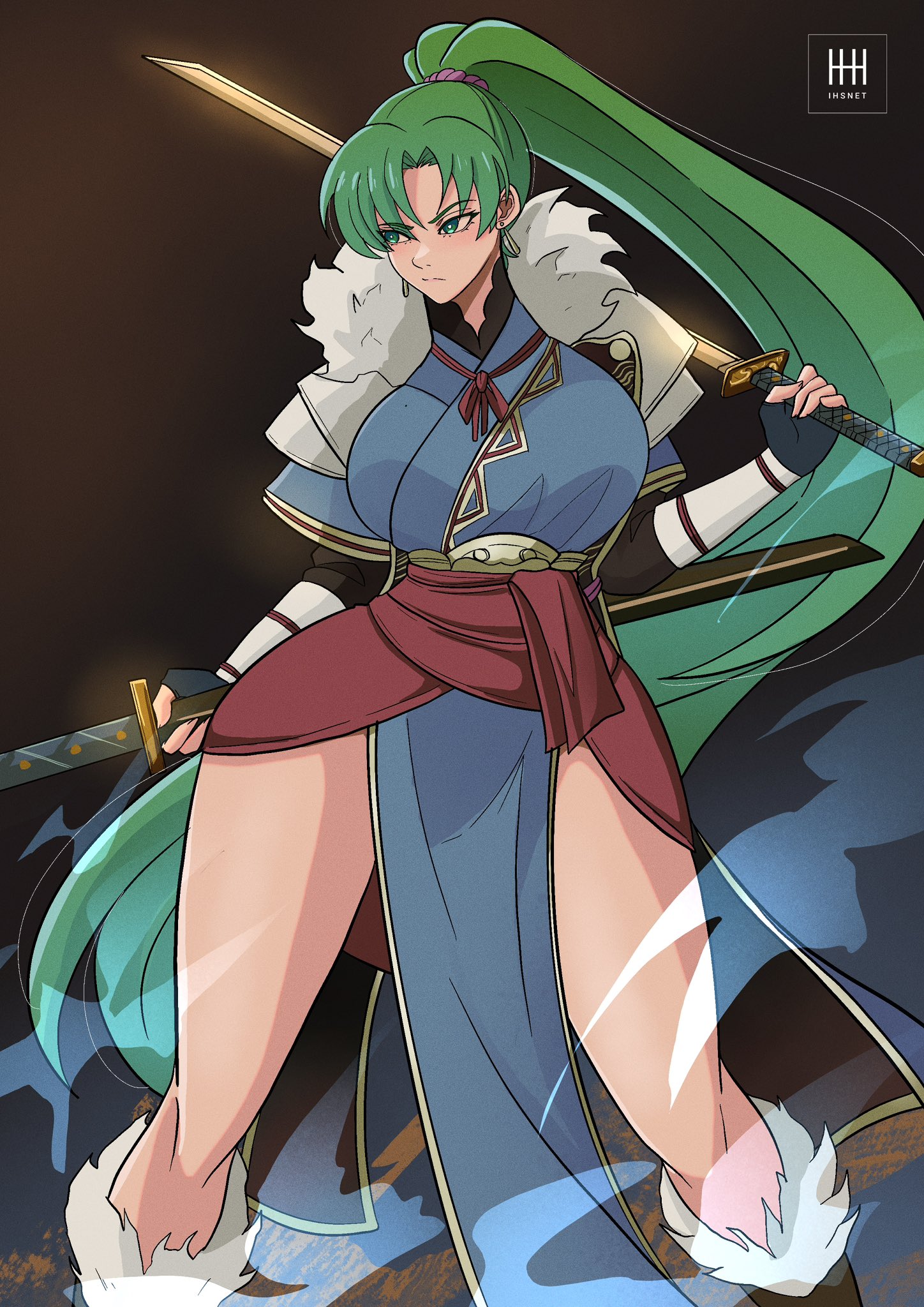ihsnet, lyn (fire emblem), fire emblem, fire emblem awakening, nintendo, commentary, commission, english commentary, highres, 1girl, artist logo, black gloves, breasts, curtained hair, dual wielding, earrings, fingerless gloves, fur collar, gloves, green eyes, green hair, holding, holding sword, holding weapon, jewelry, katana, large breasts, logo, long hair, over shoulder, parted bangs, ponytail, shoulder guard, solo, sword, sword over shoulder, thighs, upper body, weapon, weapon over shoulder