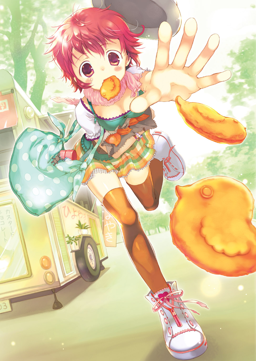 takeda mika, original, bad id, bad pixiv id, highres, 1girl, bag, blush, bracelet, eating, elbow carry, female focus, food, food stand, frills, handbag, hat, jewelry, mouth hold, orange thighhighs, outstretched arm, outstretched hand, paper bag, pink hair, pink scarf, polka dot, reaching, red eyes, red hair, running, scarf, shoes, short hair, skirt, sneakers, solo, taiyaki, thighhighs, tree, wagashi, white shoes