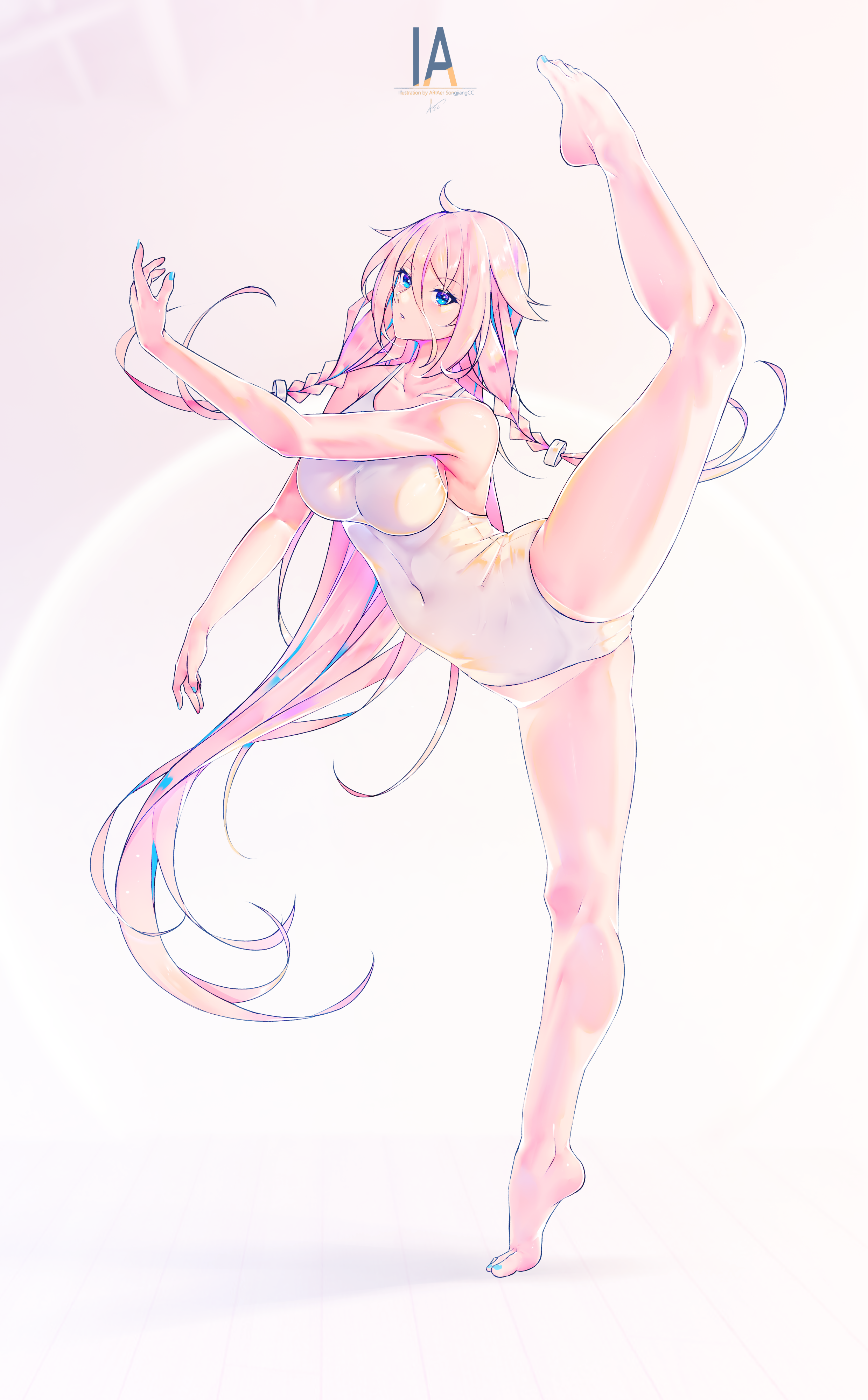 songjiangcc, ia (vocaloid), vocaloid, absurdres, commentary request, highres, 1girl, ahoge, bare arms, bare legs, bare shoulders, barefoot, blue eyes, blue nails, braid, breasts, character name, collarbone, covered navel, feet, flexible, full body, hair between eyes, hair ornament, hand up, highleg, highleg leotard, large breasts, leg up, legs, leotard, long hair, long hair between eyes, looking at viewer, nail polish, parted lips, pink hair, solo, standing, standing on one leg, thighs, tiptoes, twin braids, very long hair, white leotard