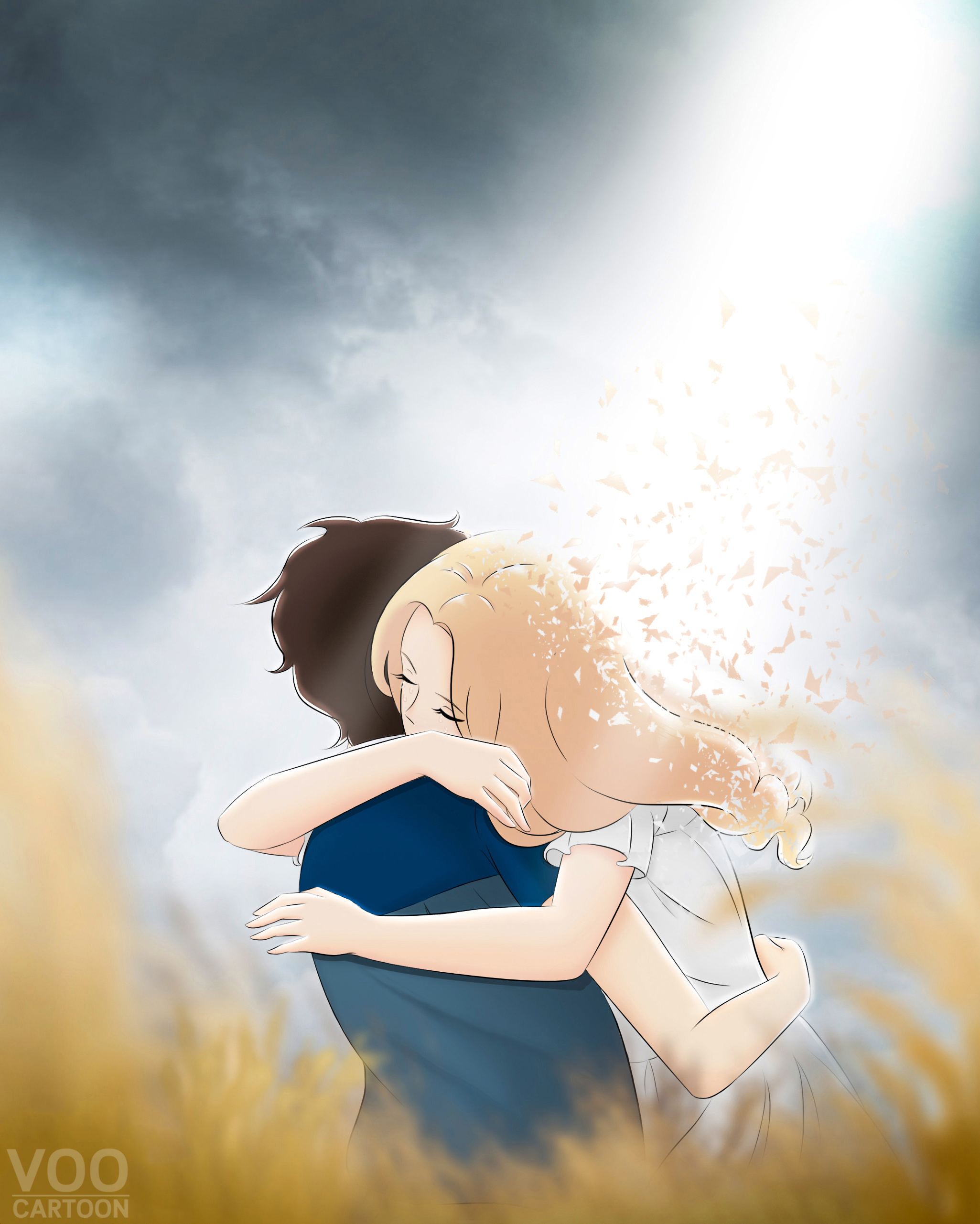 anna (omoide no marnie), marnie (omoide no marnie), omoide no marnie, studio ghibli, absurdres, commentary, english commentary, highres, 2girls, artist name, blonde hair, blue shirt, brown hair, closed eyes, disintegration, dress, grey sky, hug, long hair, multiple girls, shirt, signature, sky, voocartoon, white dress, yuri
