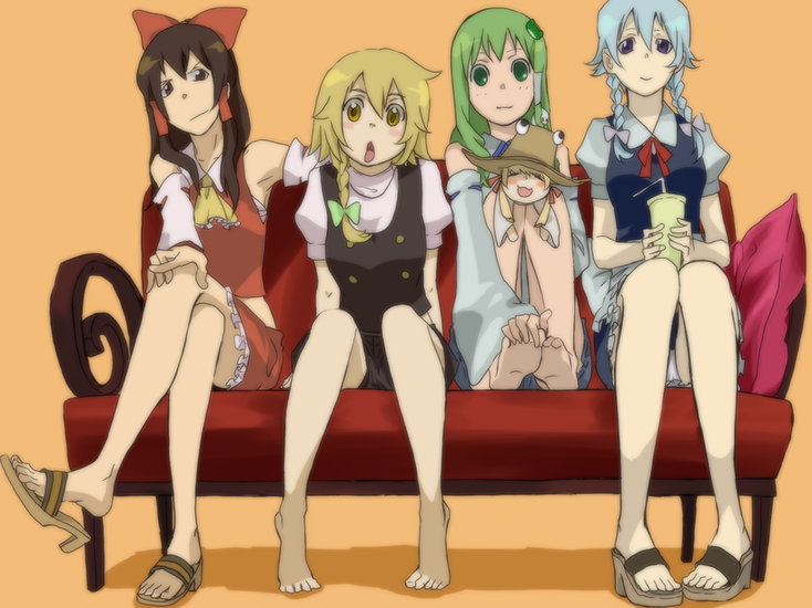 mako (black0118), hakurei reimu, izayoi sakuya, kirisame marisa, kochiya sanae, moriya suwako, pyonta, soul eater, touhou, bad id, bad pixiv id, 5girls, barefoot, blonde hair, couch, crossed legs, feet, female focus, hands on feet, multiple girls, panties, pantyshot, parody, sandals, shoe dangle, sitting, underwear, white panties