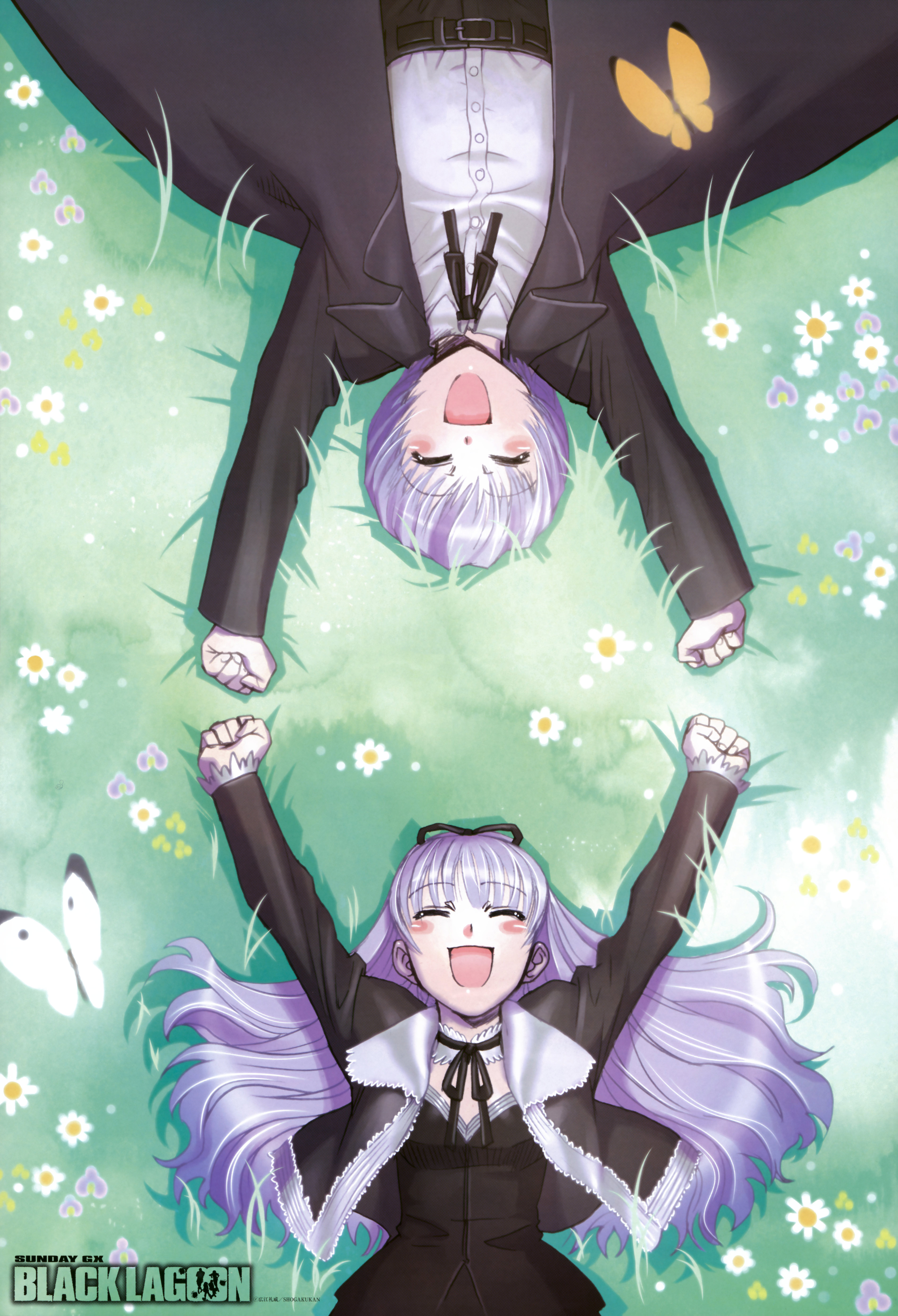 hiroe rei, gretel (black lagoon), hansel (black lagoon), black lagoon, gekkan sunday gene-x, silver hair, absurdres, highres, official art, scan, 00s, 1boy, 1girl, :d, ^ ^, androgynous, arms up, belt, blunt bangs, blush stickers, brother and sister, bug, butterfly, buttons, choker, clenched hands, closed eyes, crossdressing, dress, flat chest, flower, from above, gothic lolita, grass, hair ribbon, happy, insect, jacket, lace, lolita fashion, long hair, neck ribbon, necktie, on ground, open clothes, open jacket, open mouth, outdoors, outstretched arms, reverse trap, ribbon, shadow, short hair, siblings, smile, trap, twins, upper body, wavy hair