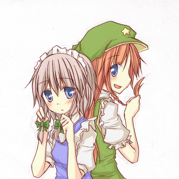 natsuk, hong meiling, izayoi sakuya, embodiment of scarlet devil, touhou, 2girls, blush, braid, female focus, hat, maid, multiple girls, ribbon, simple background, twin braids, upper body, white background