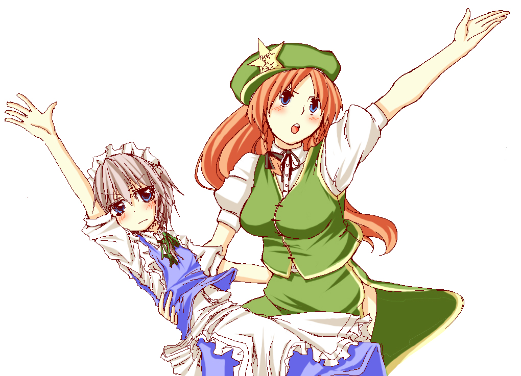 natsuk, uro (urotanc), hong meiling, izayoi sakuya, embodiment of scarlet devil, touhou, 2girls, dancing, female focus, hat, maid, multiple girls, oekaki, outstretched arm, outstretched hand, ribbon