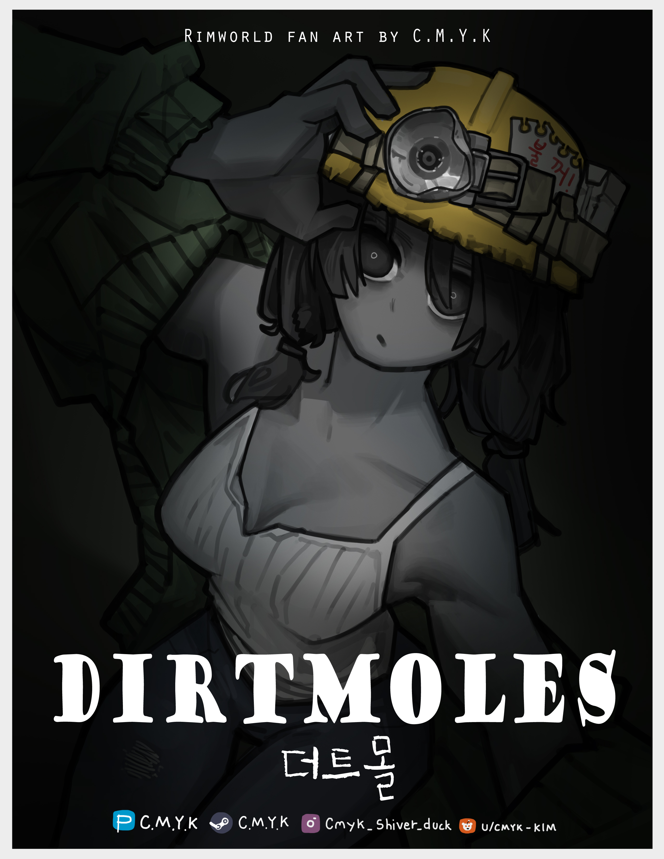 cmyk-kim, dirtmole (rimworld), rimworld, absurdres, commentary request, highres, korean commentary, 1girl, black background, black eyes, black hair, border, breasts, cigarette pack, cleavage, colored skin, copyright name, grey skin, hard hat, headlamp, helmet, korean text, miner, mining helmet, pants, pixiv logo, reddit logo, simple background, solo, steam logo, tank top
