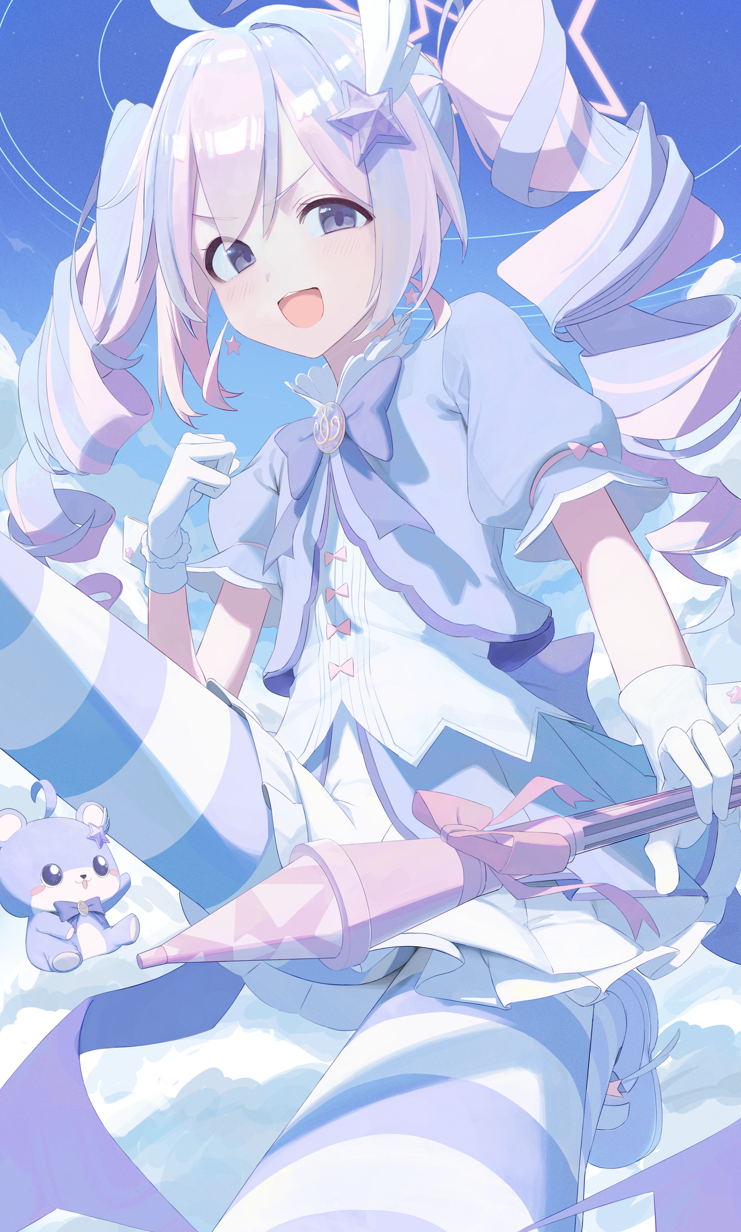 dogxfish, reisa (blue archive), reisa (magical) (blue archive), blue archive, absurdres, commentary request, highres, 1girl, ahoge, blush, drill hair, gloves, hair ornament, halo, long hair, magical girl, multicolored hair, open mouth, pink hair, puffy sleeves, purple eyes, purple hair, short sleeves, solo, star (symbol), star hair ornament, striped clothes, twin drills, twintails, two-tone hair, white gloves