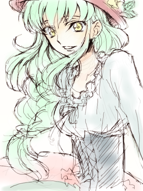 rahit, c.c., code geass, looking away, 00s, 1girl, :d, alternate costume, alternate hairstyle, aqua hair, blush, corset, female focus, frills, hat, hat ornament, leaf, long hair, long sleeves, open mouth, red hat, simple background, sketch, smile, solo, upper body, white background, yellow eyes