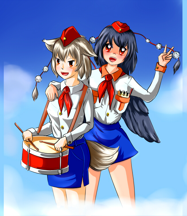 inubashiri momiji, shameimaru aya, touhou, silver hair, 2girls, animal ears, brown eyes, brown hair, cloud, drum, female focus, hat, instrument, multiple girls, necktie, outdoors, pioneer movement, pioneer neckerchief, red eyes, ribbon, short hair, sky, soviet pioneer, standing, wings