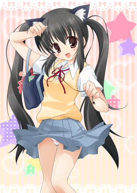 rinka (yuyutei), nakano azusa, k-on!, 00s, 1girl, animal ears, bag, black hair, brown eyes, cameltoe, cat ears, cat girl, female focus, long hair, neck ribbon, panties, pantyshot, red ribbon, ribbon, school uniform, solo, star (symbol), striped clothes, striped panties, twintails, underwear, upskirt