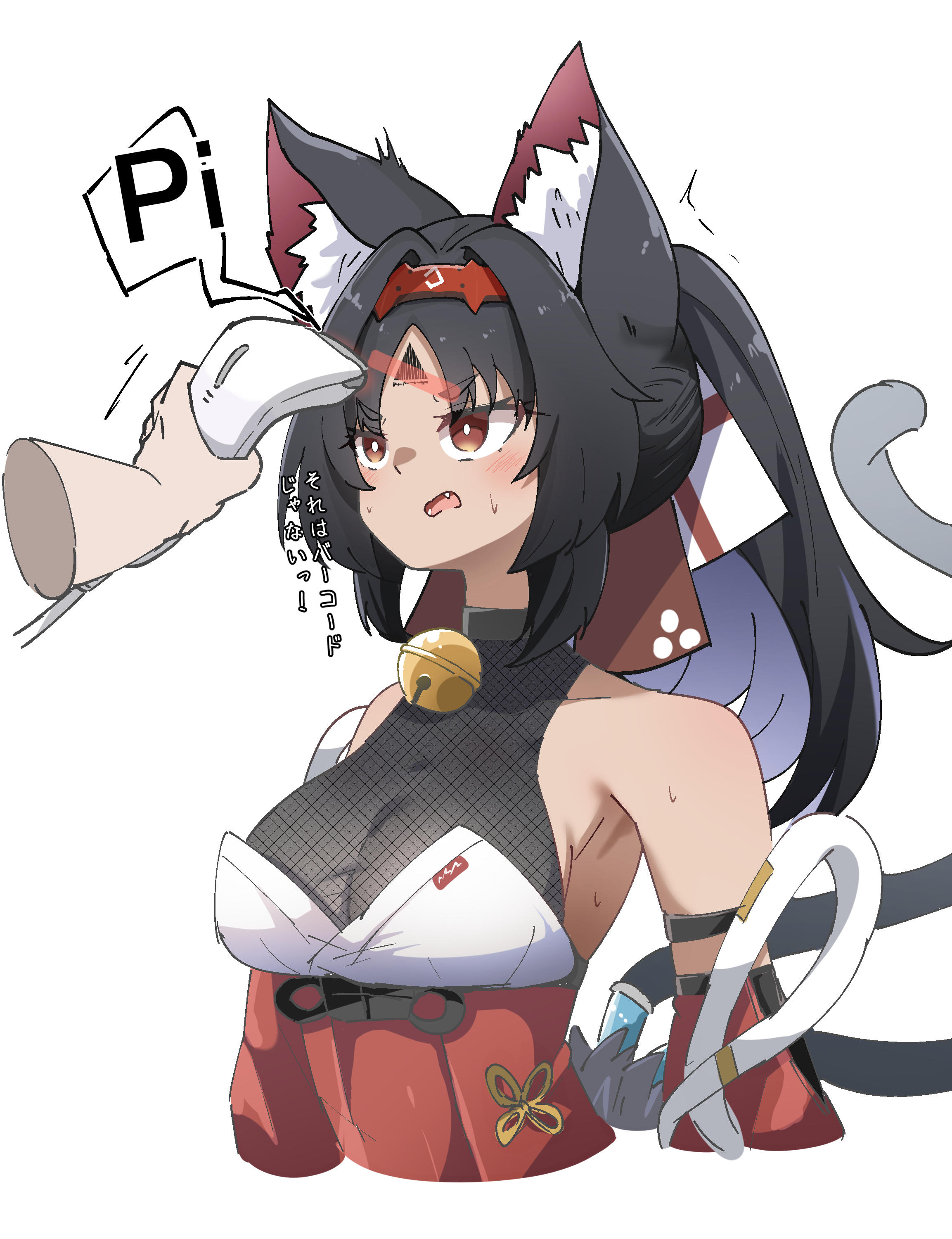caseee999, nekomiya mana, zenless zone zero, absurdres, commentary request, highres, 1girl, animal ears, barcode, barcode scanner, barcode tattoo, black hair, cat ears, cat tail, disembodied hand, multiple tails, red eyes, tail, tattoo, two tails