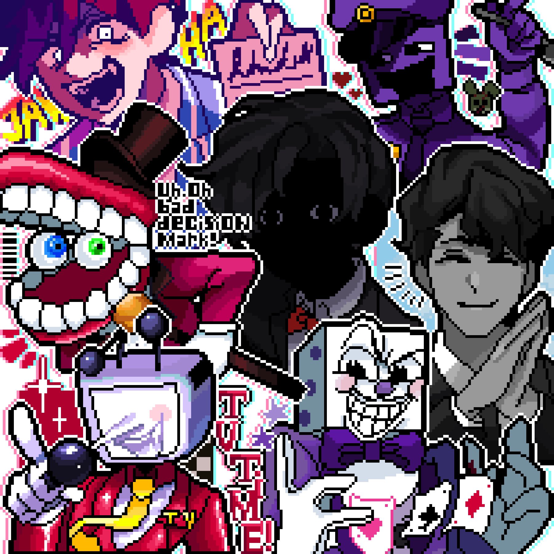 ant tenna, bossman hero, caine (the amazing digital circus), hero (headspace) (omori), hero (omori), king dice, spring bonnie (fnaf), william afton, cuphead (game), deltarune, five nights at freddy's, omori, the amazing digital circus, utdr (toby fox), character request, commentary request, copyright request, highres, 6+boys, 9aaaalt29, :d, ^ ^, black eyes, black hat, black mouth, blue eyes, blue shirt, bow, bowtie, buttons, closed eyes, closed mouth, collared shirt, colored skin, copyright name, crossover, crt, dice, facing viewer, fang, fewer digits, gloves, green eyes, grey skin, grin, hat, heart, heterochromia, holding, holding paper, jacket, lapels, laughing, long sleeves, looking at viewer, male focus, multiple boys, multiple crossover, necktie, no eyes, notice lines, object head, official alternate eye color, open clothes, open jacket, open mouth, outline, own hands together, paper, pink jacket, pixel art, pointy nose, puffy long sleeves, puffy sleeves, purple bow, purple bowtie, purple hat, purple jacket, purple necktie, purple shirt, red bow, red bowtie, red jacket, shirt, simple background, smile, sparkle, striped clothes, striped shirt, teeth, tongue, top hat, traditional bowtie, trait connection, two-tone shirt, upper body, v-shaped eyebrows, vertical-striped clothes, vertical-striped shirt, white background, white eyes, white gloves, white outline, white shirt, yellow necktie