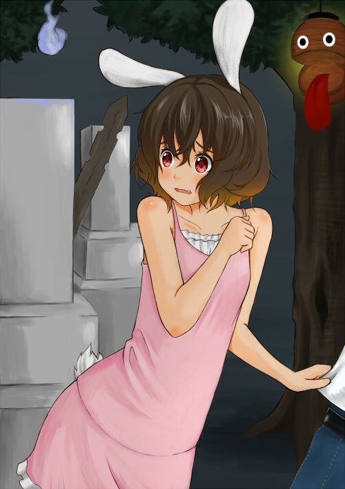 aki081, inaba tewi, touhou, 1boy, 1girl, animal ears, female focus, outdoors, plant, rabbit ears, solo, standing, tree