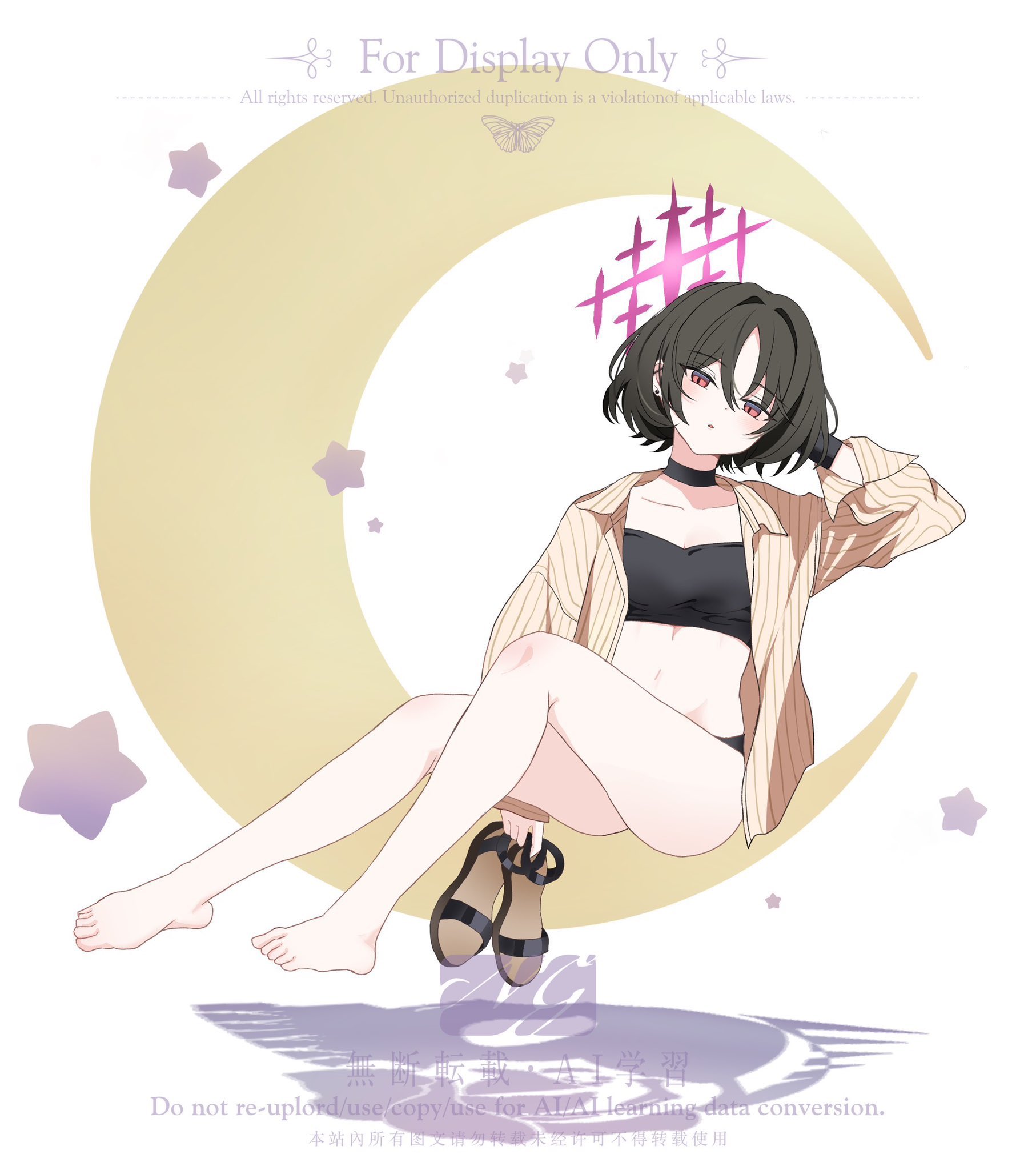 sabotenirasuto, misaki (blue archive), misaki (swimsuit) (blue archive), blue archive, commentary request, highres, 1girl, bandeau, barbell piercing, bare legs, barefoot, bikini, bikini under clothes, black bandeau, black bikini, black hair, breasts, collarbone, ear piercing, full body, halo, industrial piercing, jacket, looking at viewer, navel, off shoulder, official alternate costume, open clothes, piercing, pinstripe pattern, pinstripe shirt, red eyes, red halo, shirt, short hair, sitting, solo, star halo, striped clothes, striped shirt, swimsuit, vertical-striped clothes, vertical-striped shirt